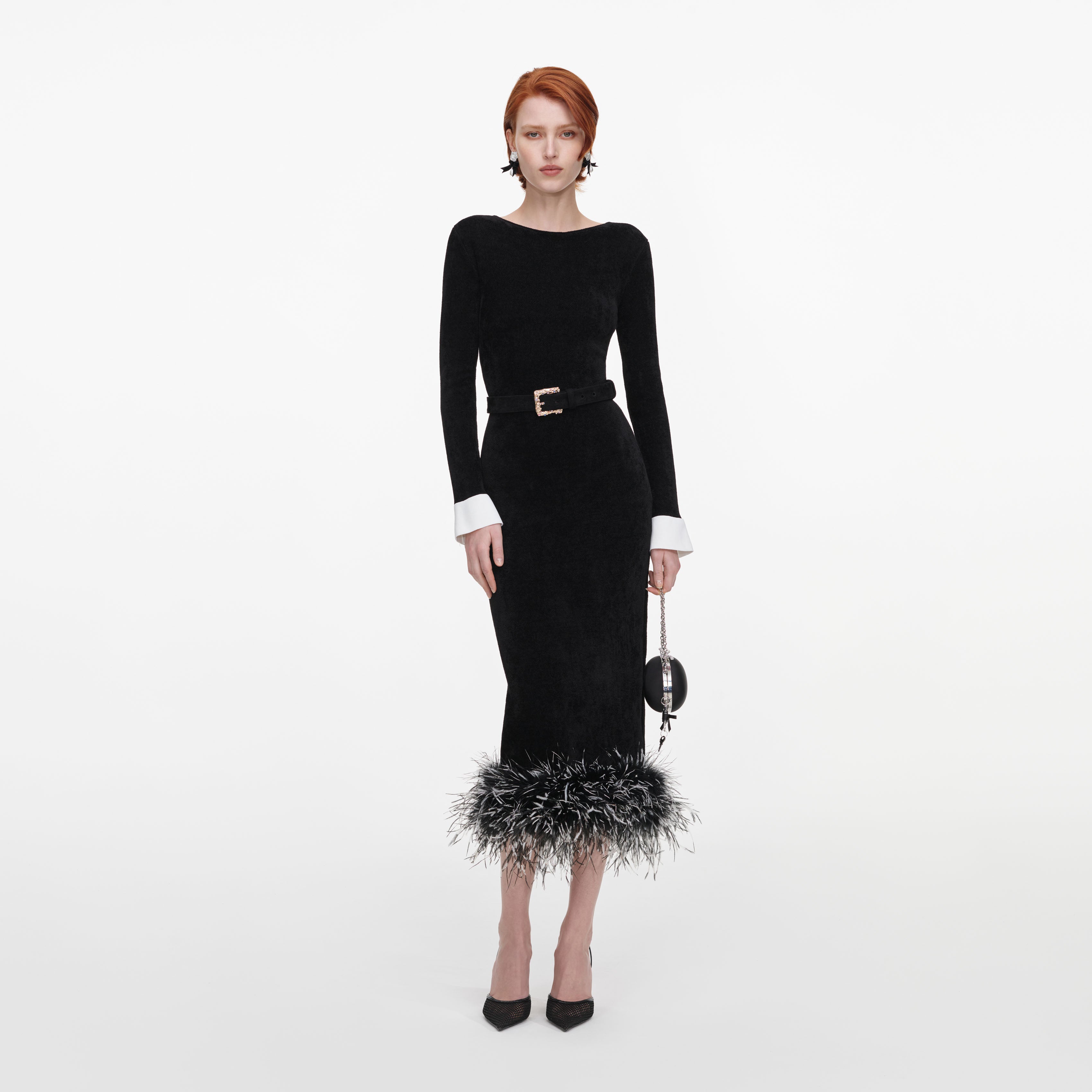 Self Portrait Black Chenille Feather Midikleid Schwarz S