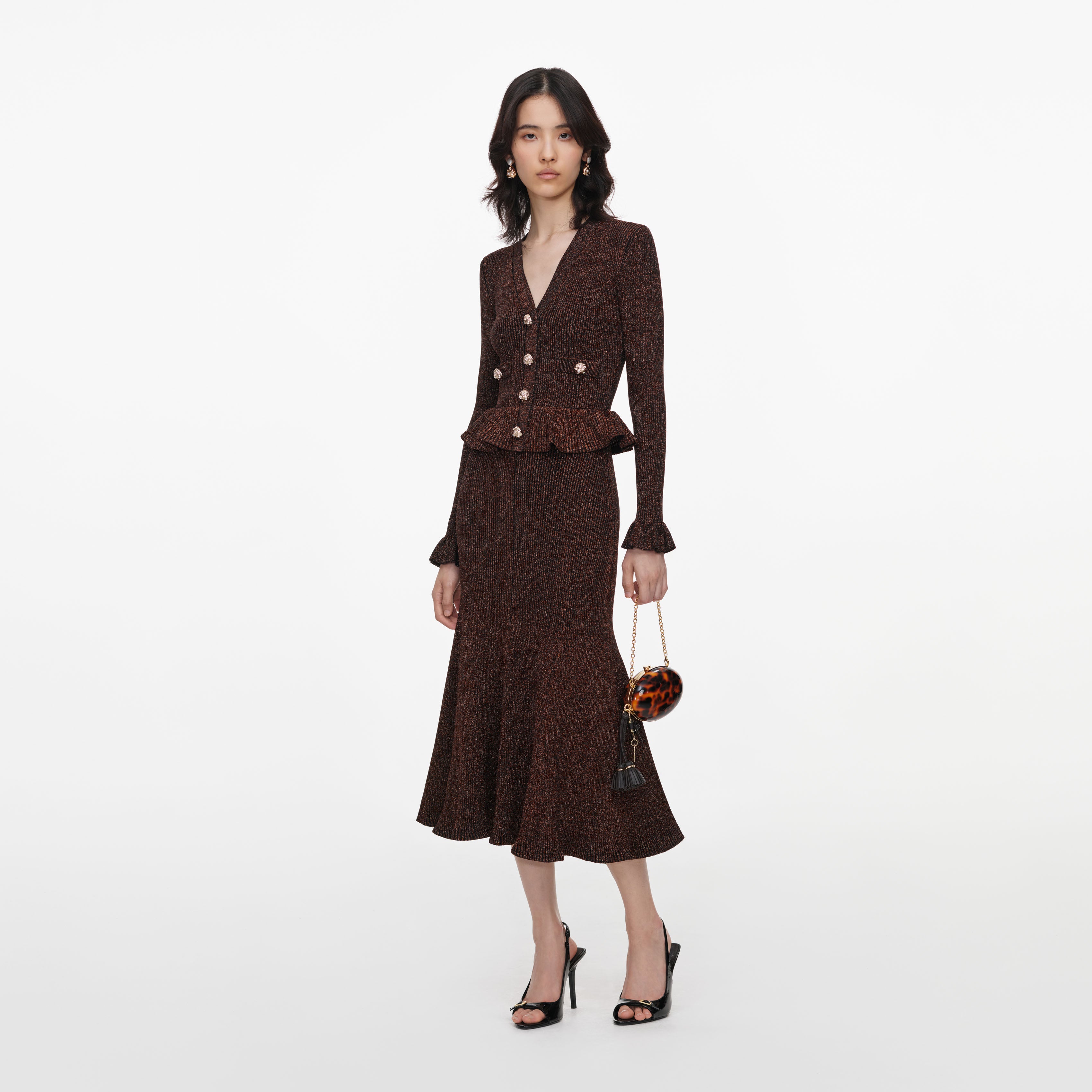 Self Portrait Dresses Brown Lurex Midi Kleid Strick Peplum Braun