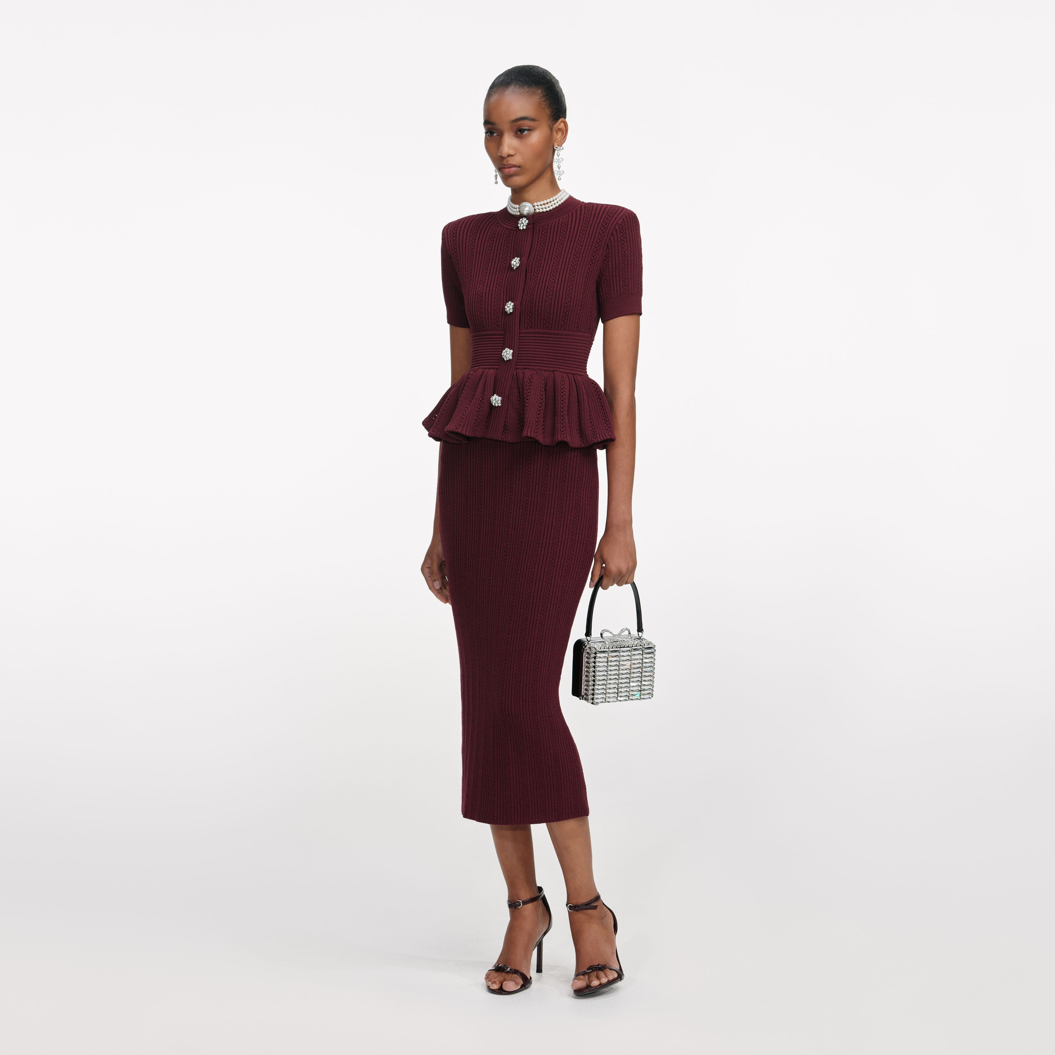 Self Portrait Burgundy Pointelle Knit Midi Kleid Bordeaux