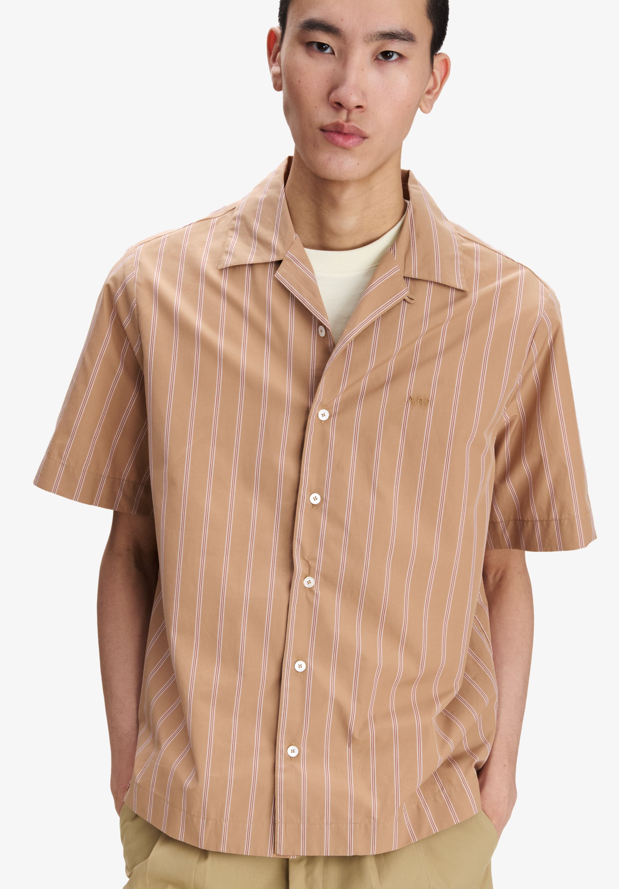 A.P.C. Kurzarmhemd rosa gestreift Bio-Baumwolle