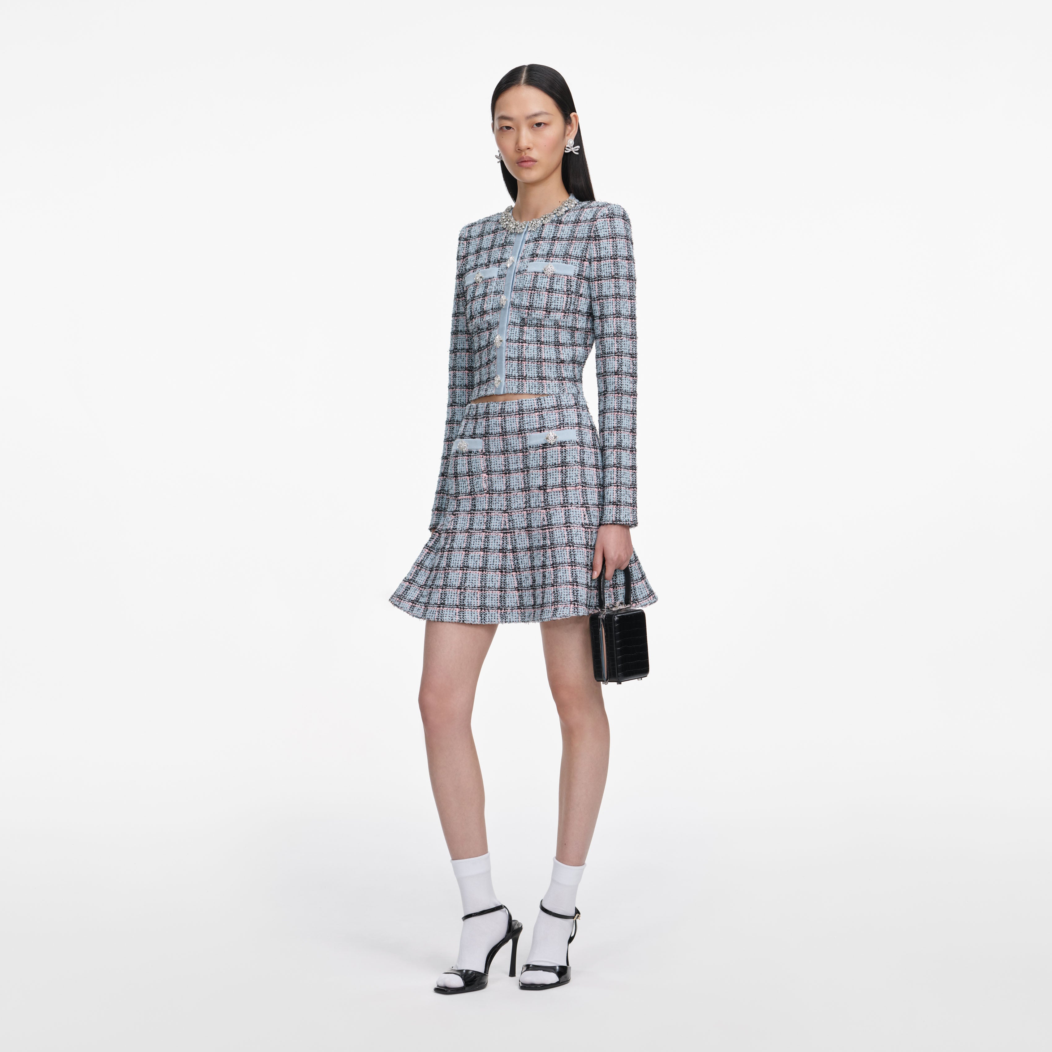 Self Portrait Knitwear Blue Check Knit Strickjacke Blau Diamante