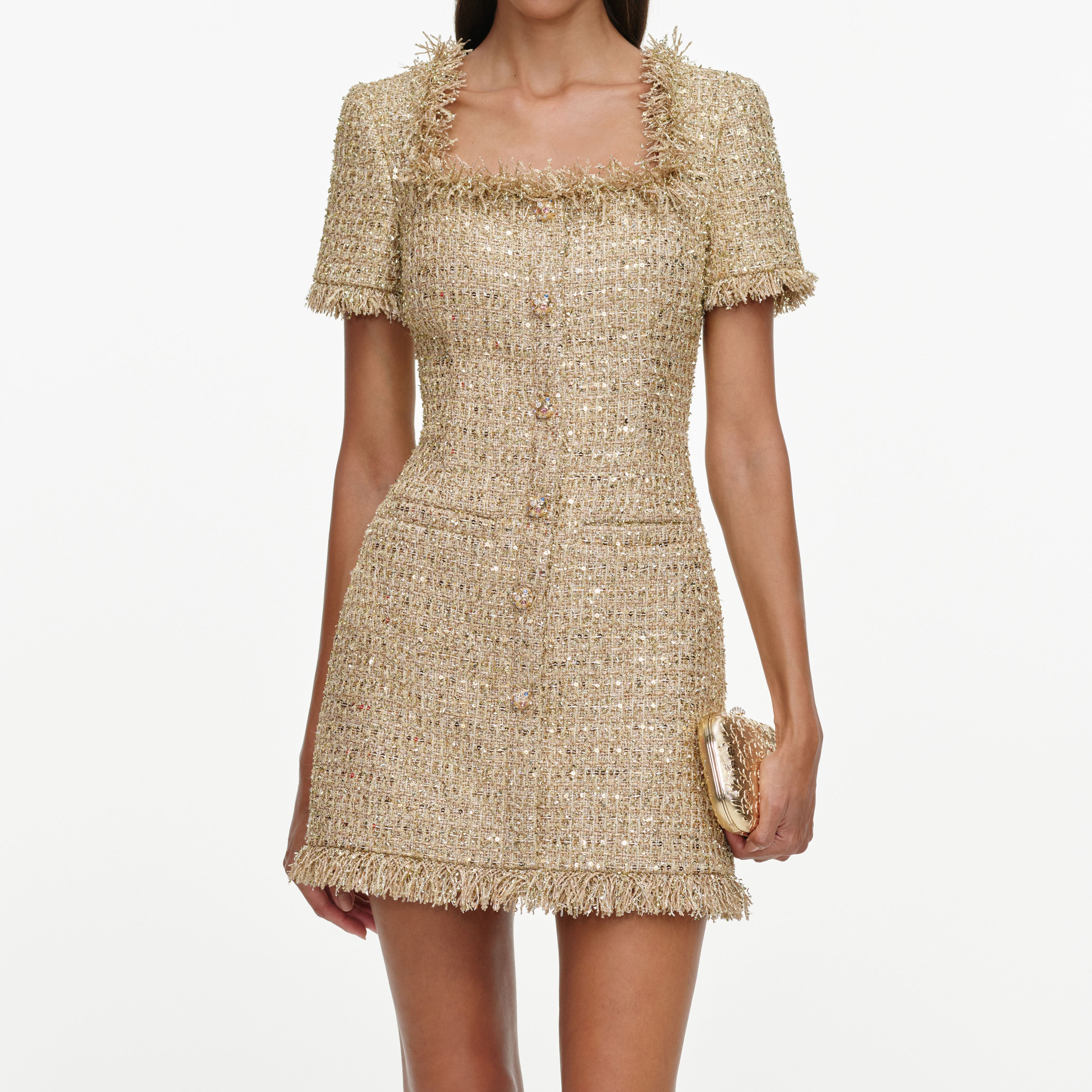 Self Portrait Gold Sequin Boucle Minikleid Gold Pailletten UK 8