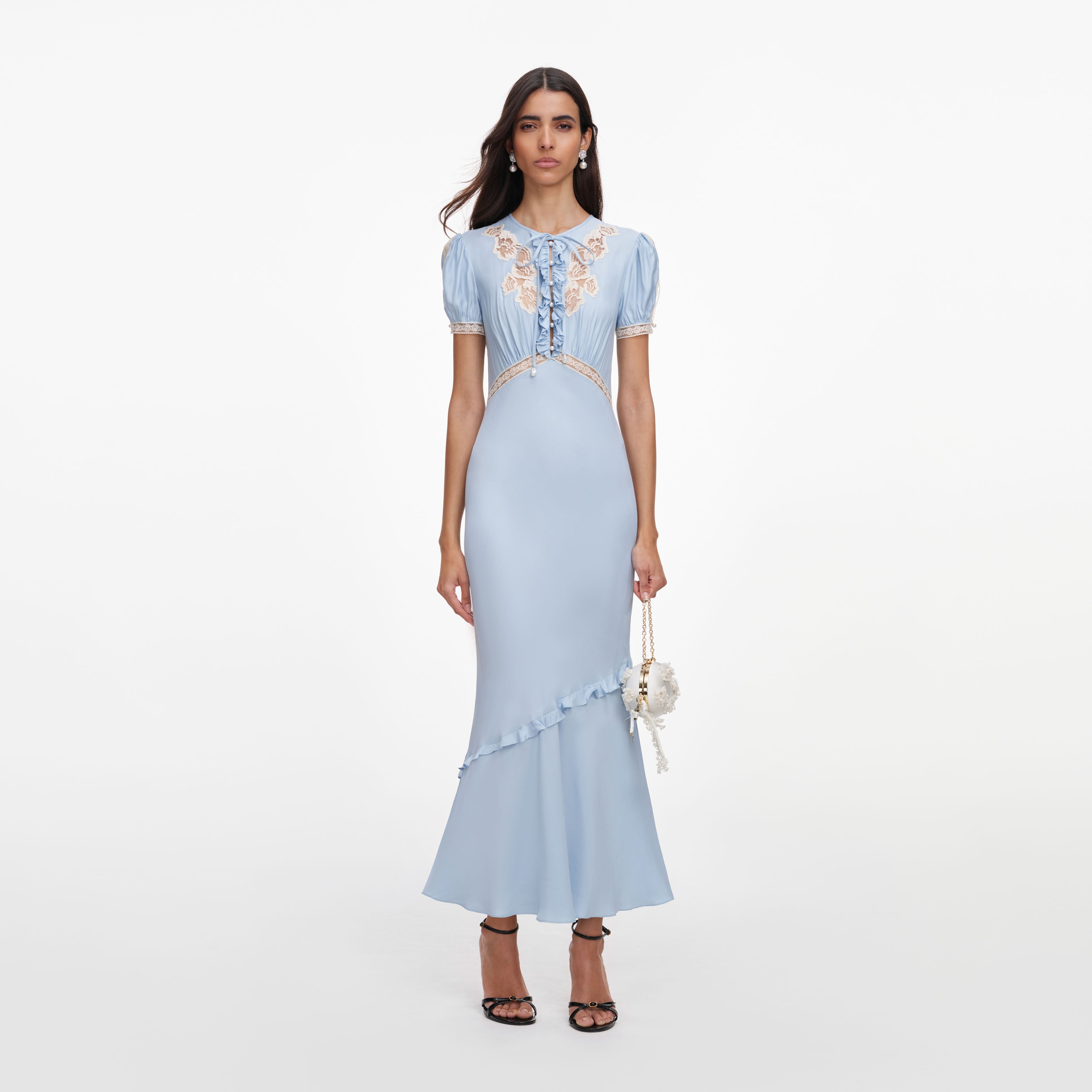 Self Portrait Blue Viscose Lace Midi Kleid Blau Spitze