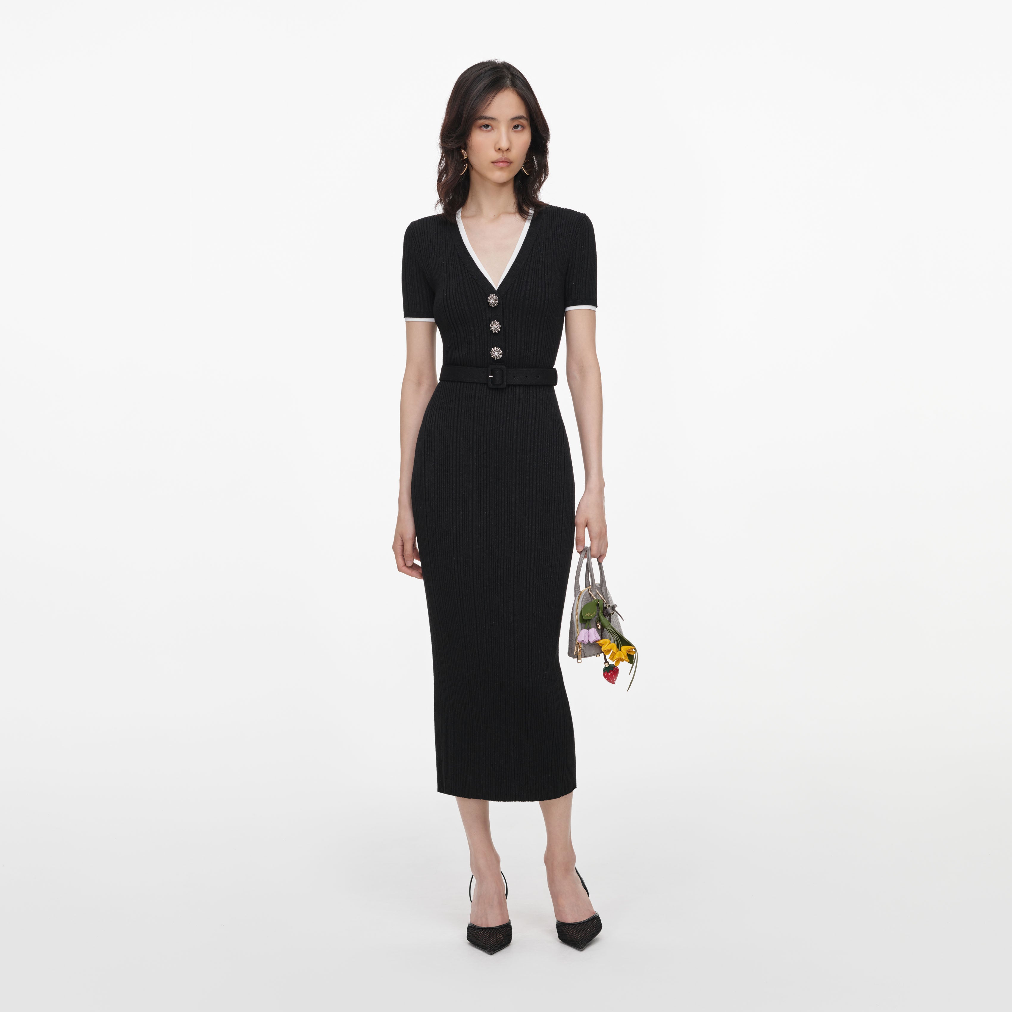 Self Portrait Black Rib Knit Midi Dress Kleid Schwarz Strick