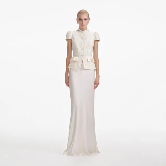 Self Portrait Cream Boucle Bow Maxi Kleid Creme Taschen