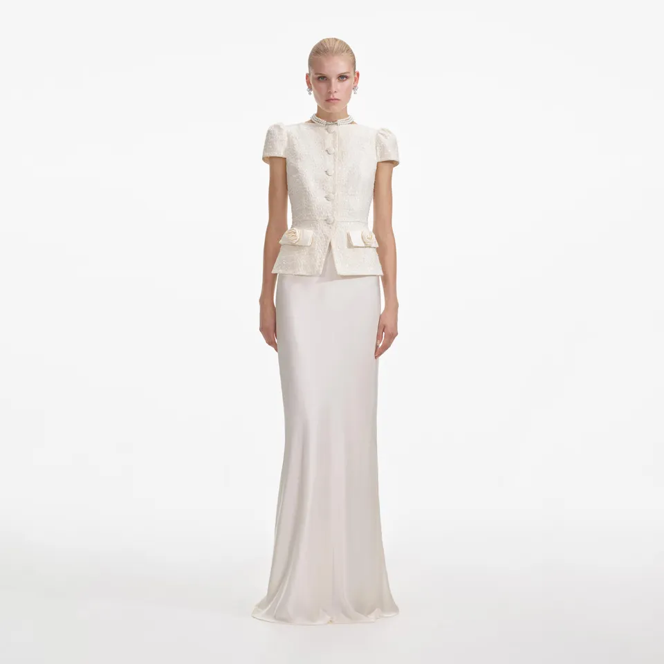 Self Portrait Cream Boucle Bow Maxi Kleid Creme Taschen