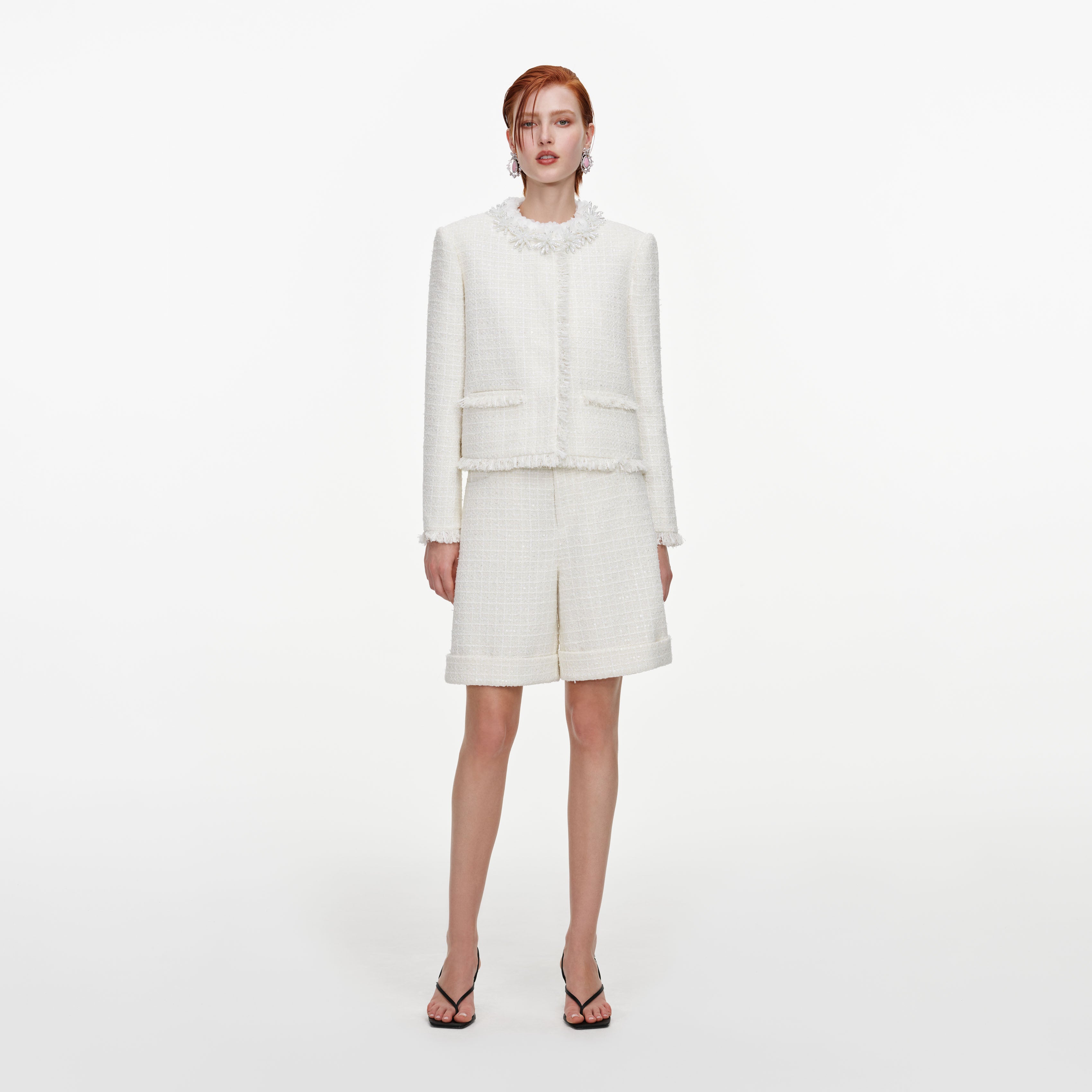 Self Portrait Cream Sequin Boucle Pearl Jacke Creme