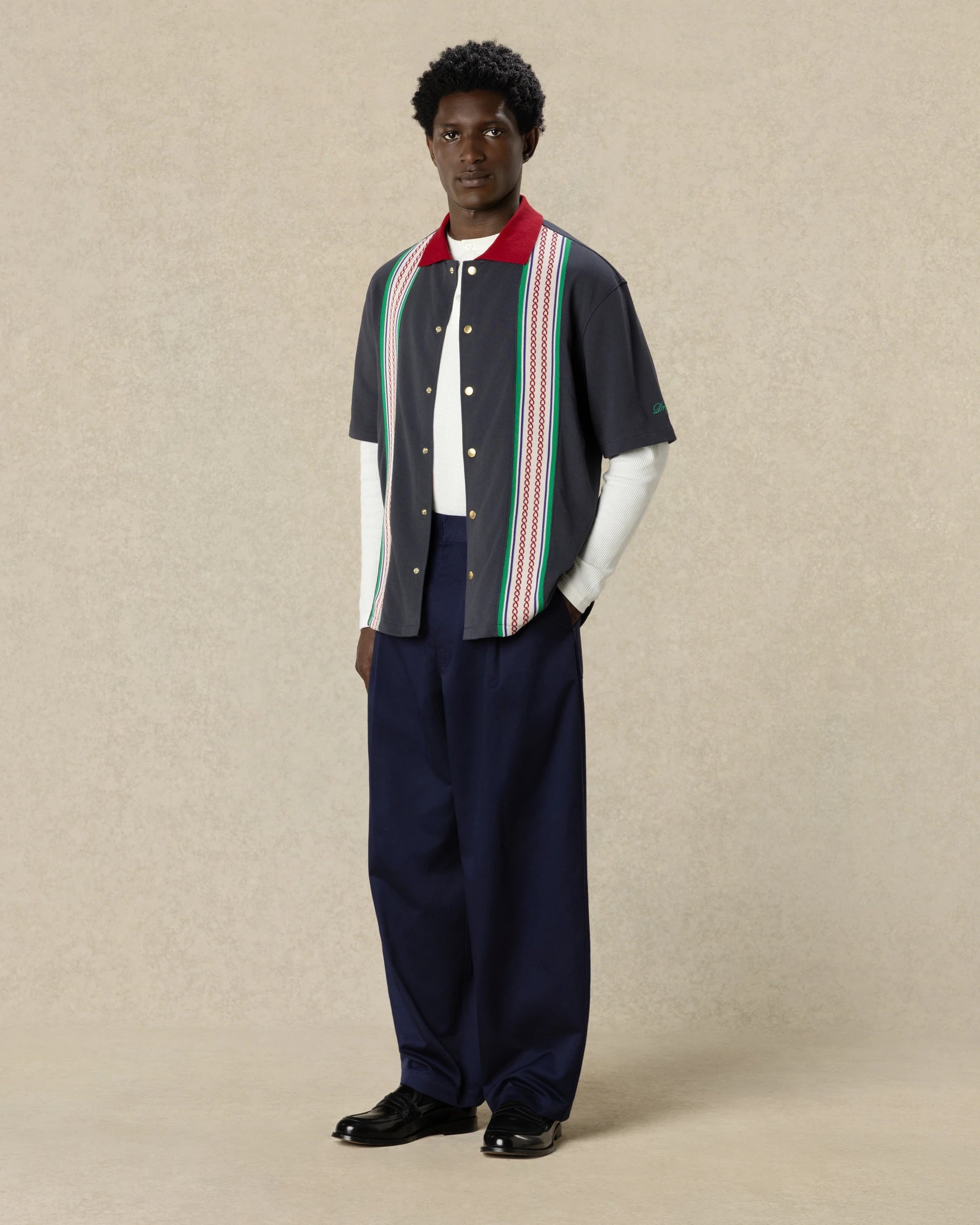 Drôle De Monsieur Stripes Band Piqué Shirt Dunkelgrau Baumwolle