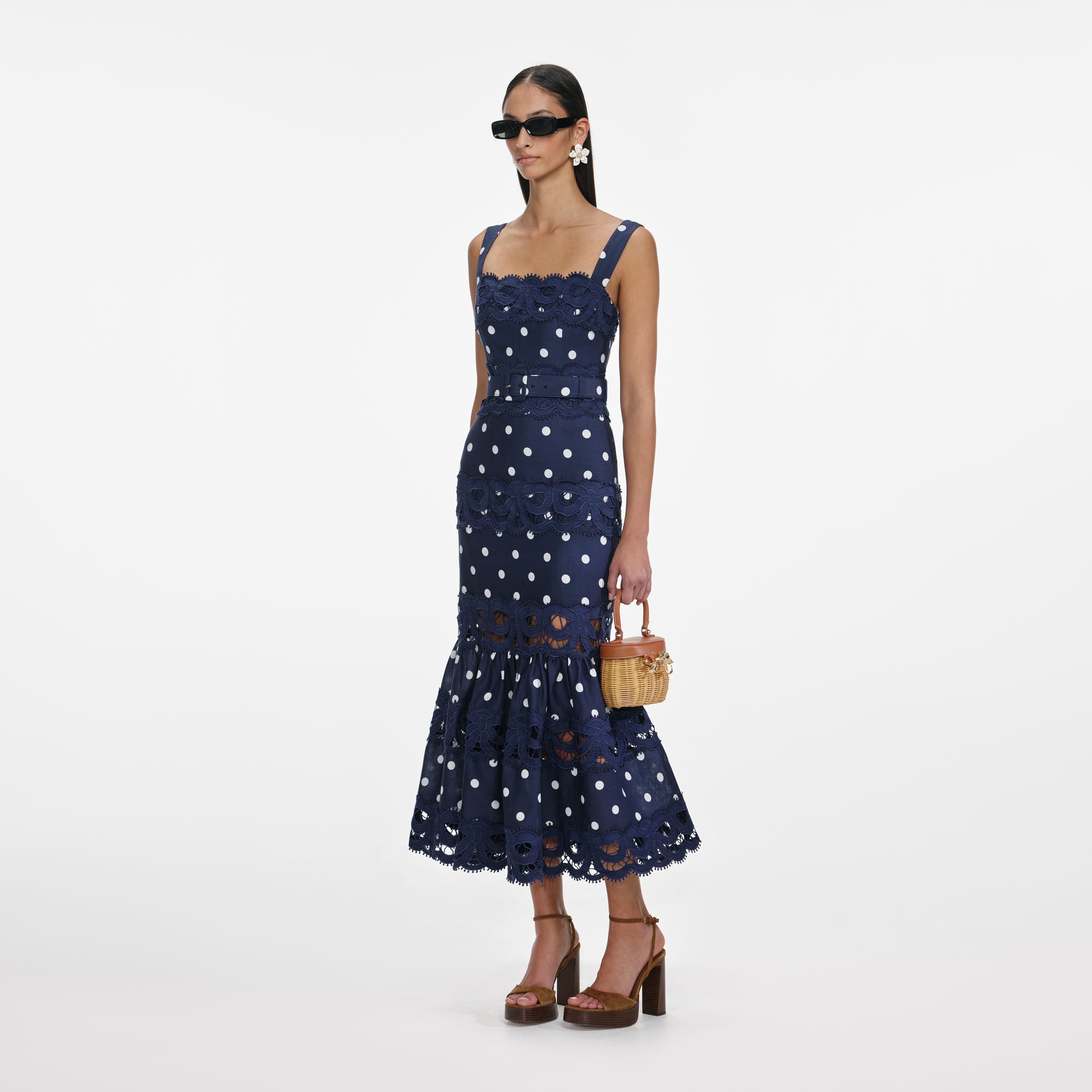 Self Portrait Polka Dot Leinen Midikleid navy UK 8