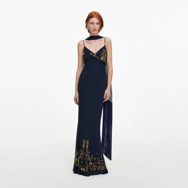 Self Portrait Navy Georgette Scarf Maxi Dress Blau