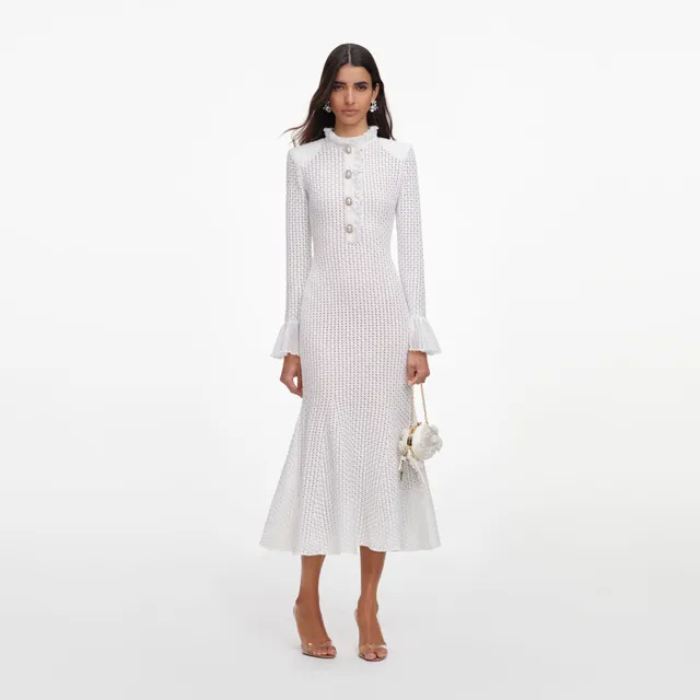 Self Portrait White Pointelle Knit Flare Midi Kleid Weiß S Stretch