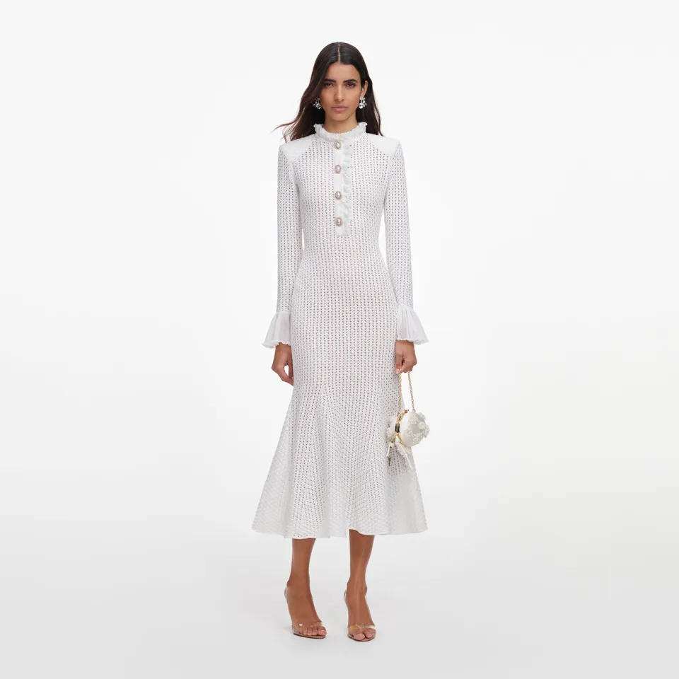 Self Portrait White Pointelle Knit Flare Midi Kleid Weiß S Stretch
