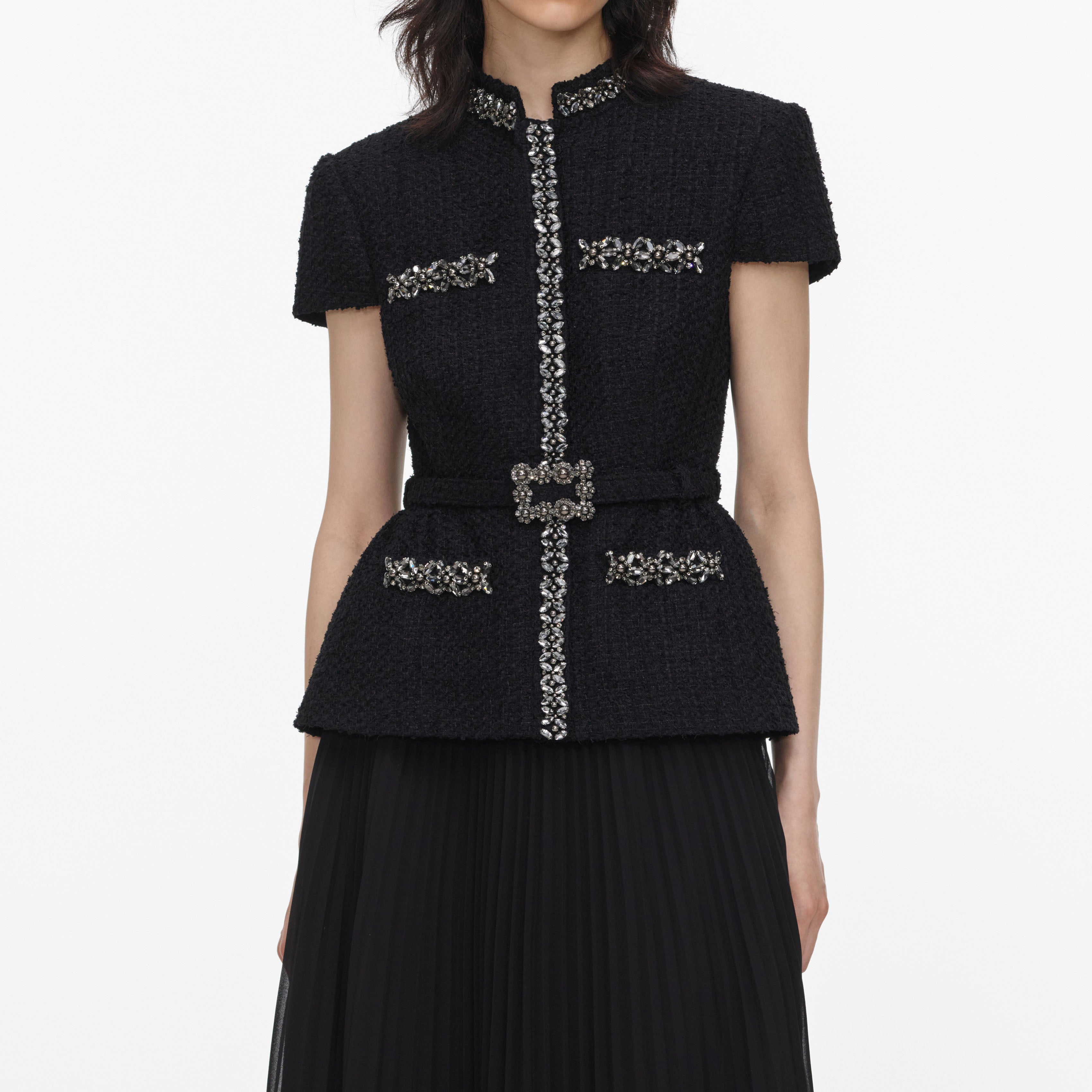 Self Portrait Black Boucle Crystal Midi Kleid Schwarz UK 10 Chiffon