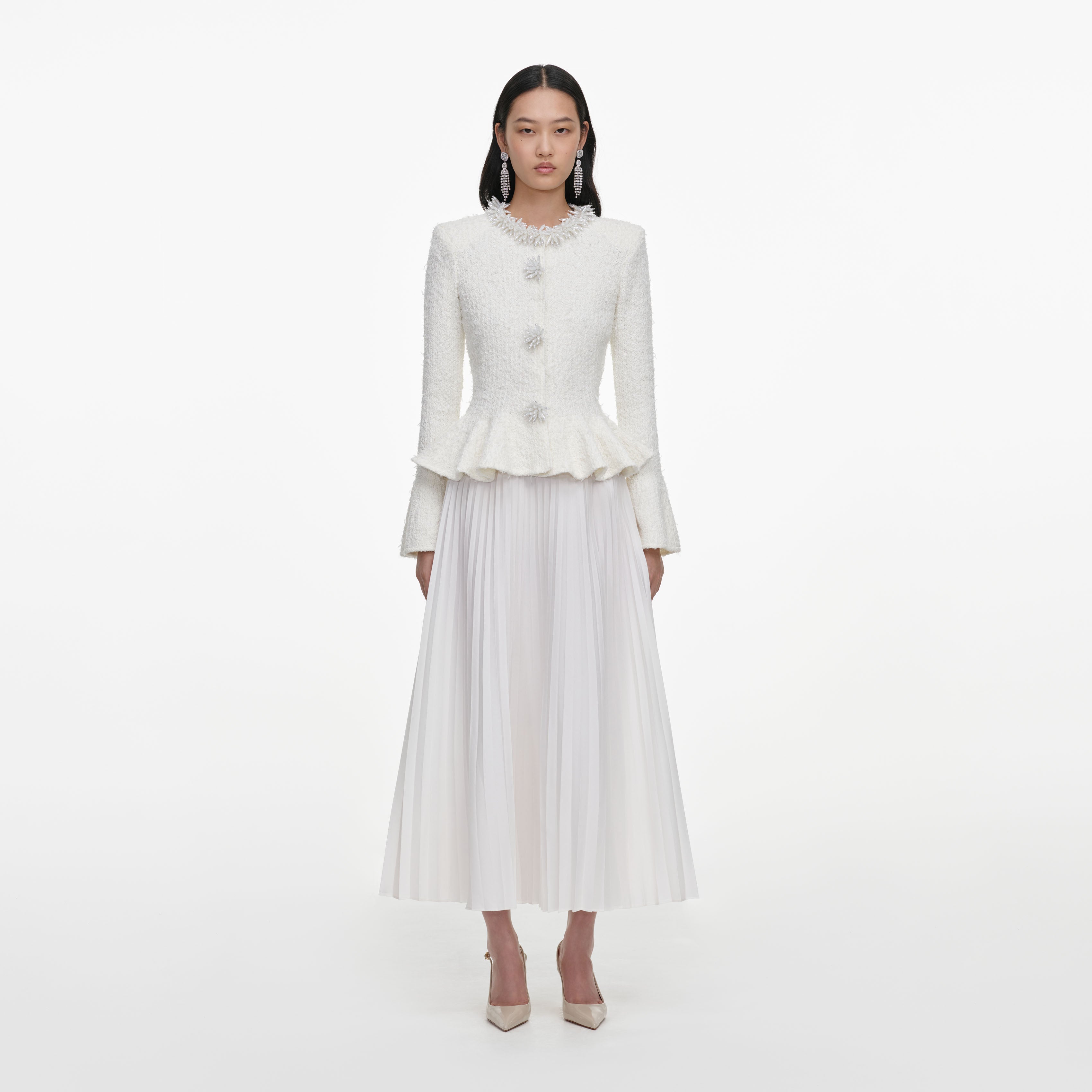Self Portrait White Textured Knit Chiffon Midi Kleid Weiß