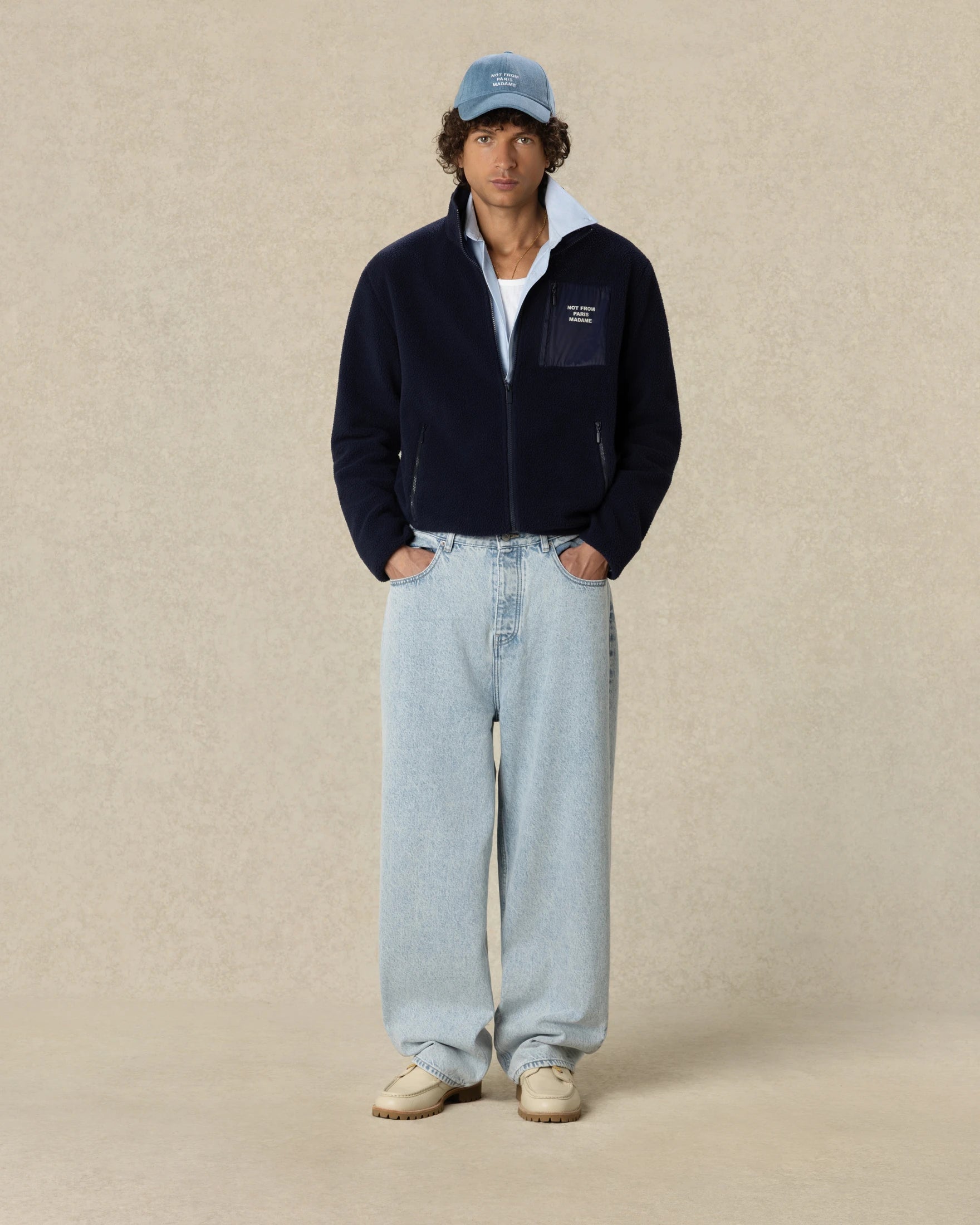 Drôle De Monsieur Slogan Zipped Sherpa Jacke Navy Polyester