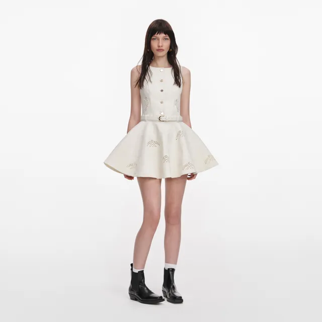 Self Portrait Denim Broderie Mini Kleid Creme UK 6