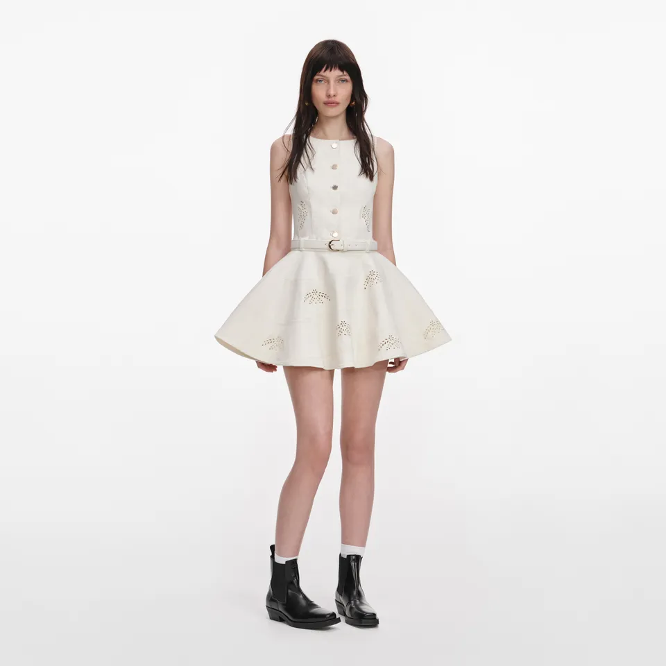 Self Portrait Denim Broderie Mini Kleid Creme UK 6