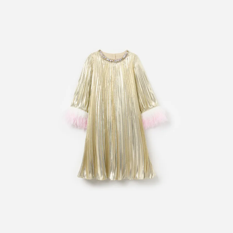 Self Portrait Gold Metallic Chiffon Feather Kinderkleid Champagner