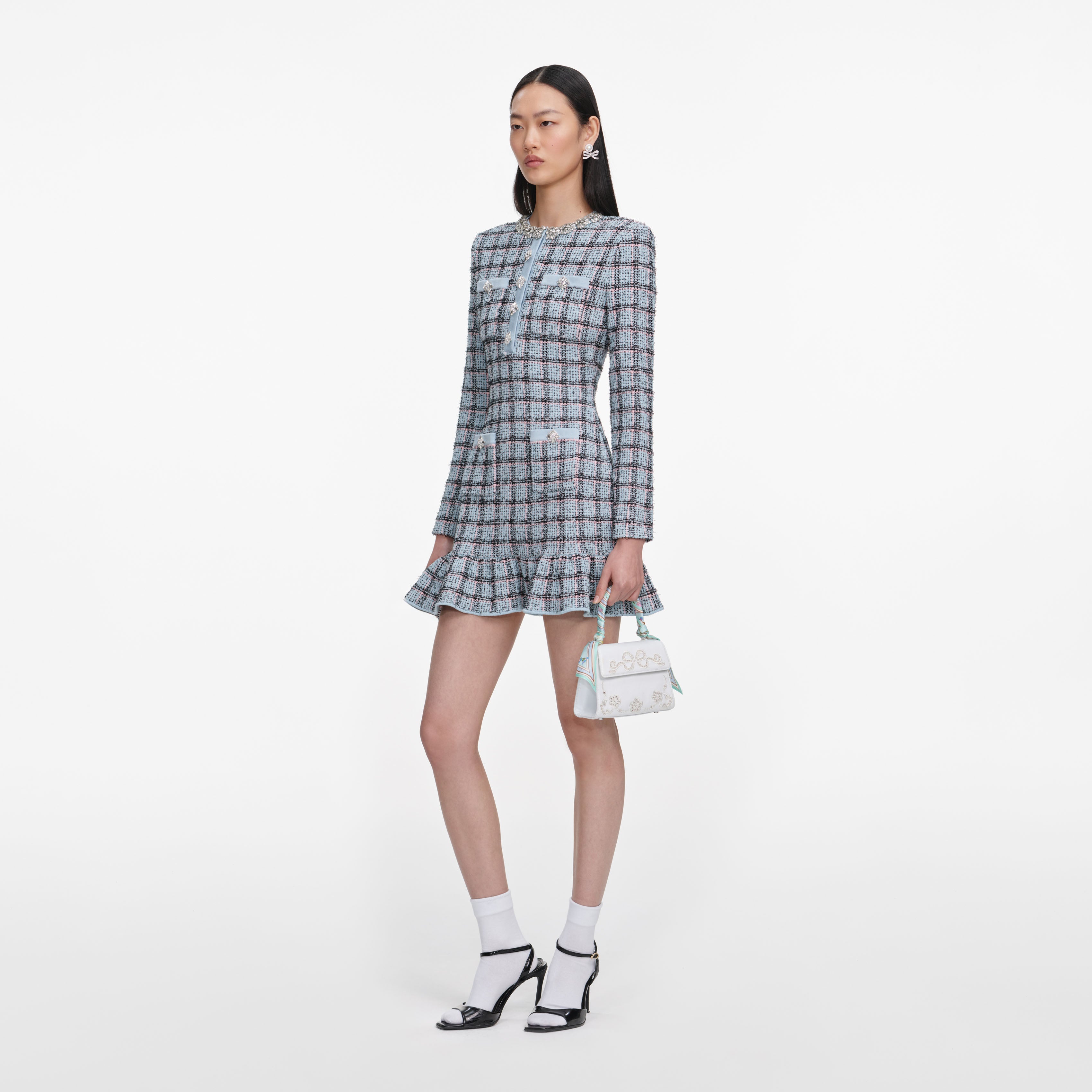 Self Portrait Blue Check Knit Minikleid Strickkleid Blau S Knöpfe