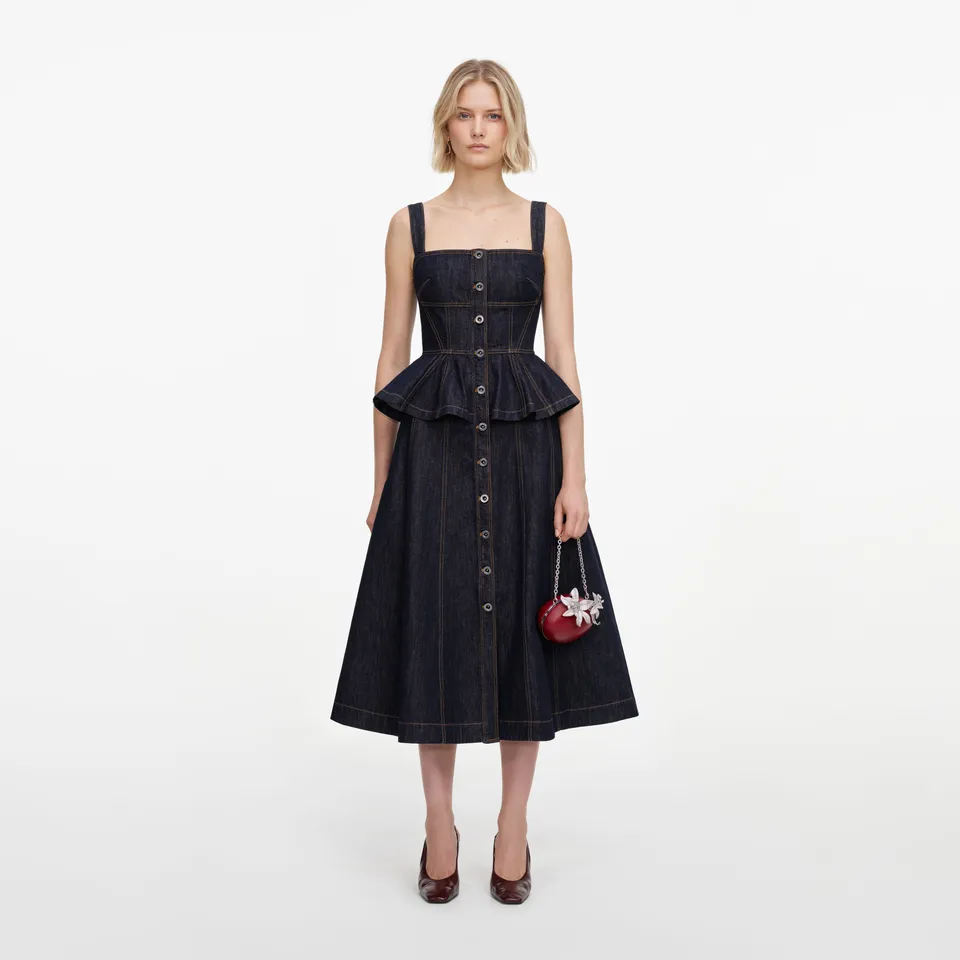 Self Portrait Indigo Peplum Denim Midikleid blau