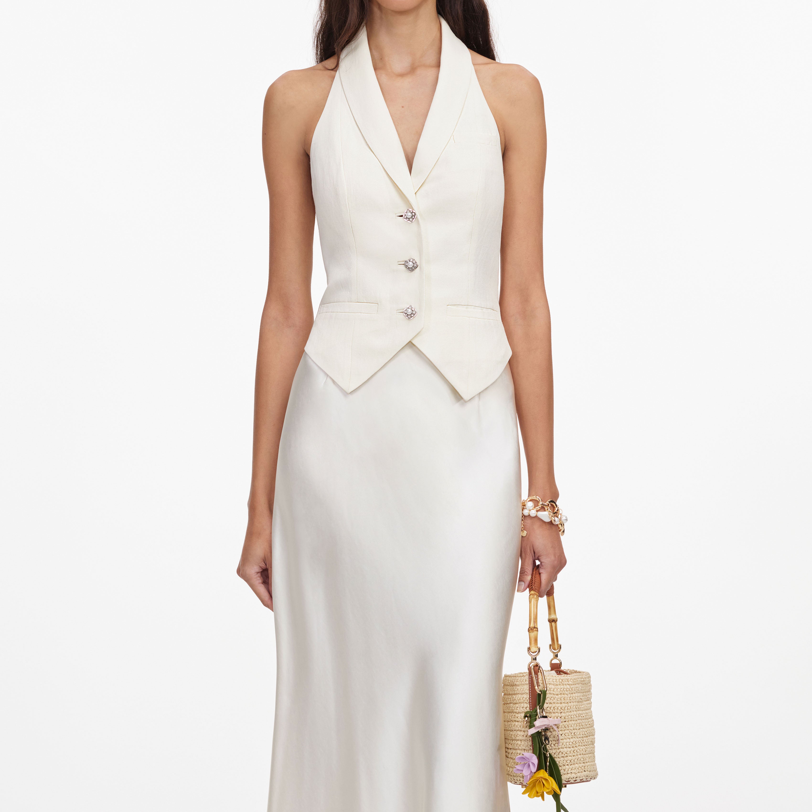 Self Portrait Cream Linen Satin Midi Kleid Creme UK 6 rückenfrei