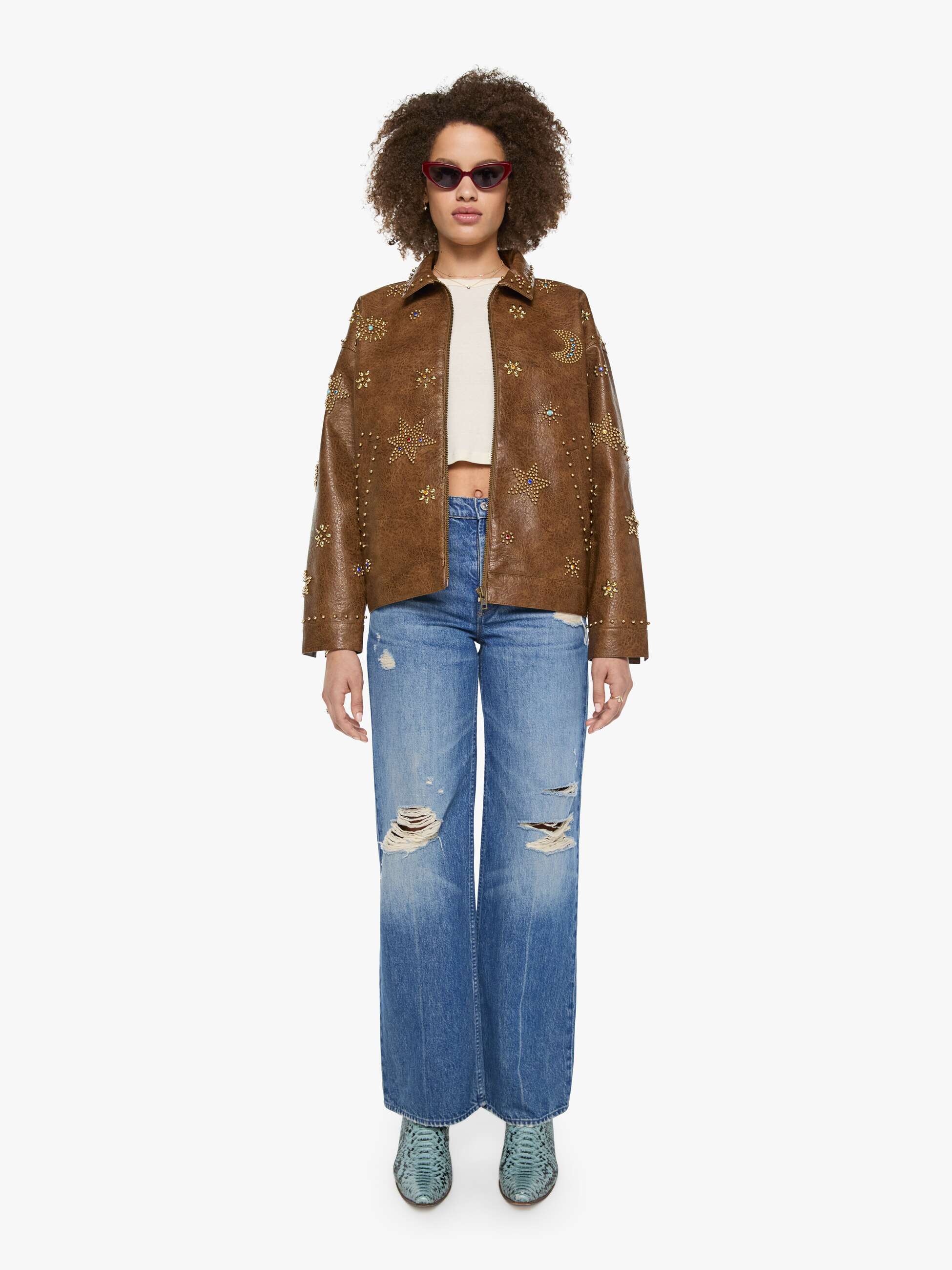 Mother Denim The Zip It Jacke Brown and Cream Kunstleder Boxy