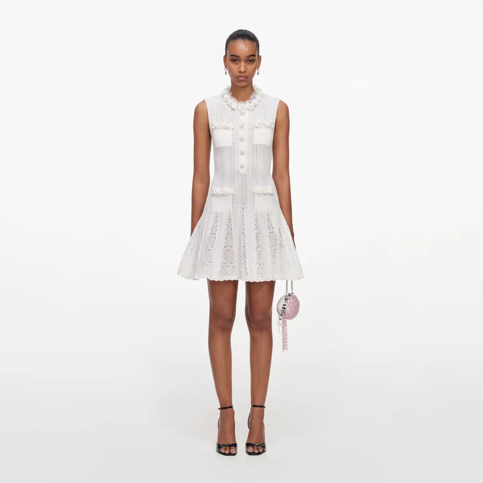 Self Portrait White Flower Trim Knit Minikleid Weiss Pointelle