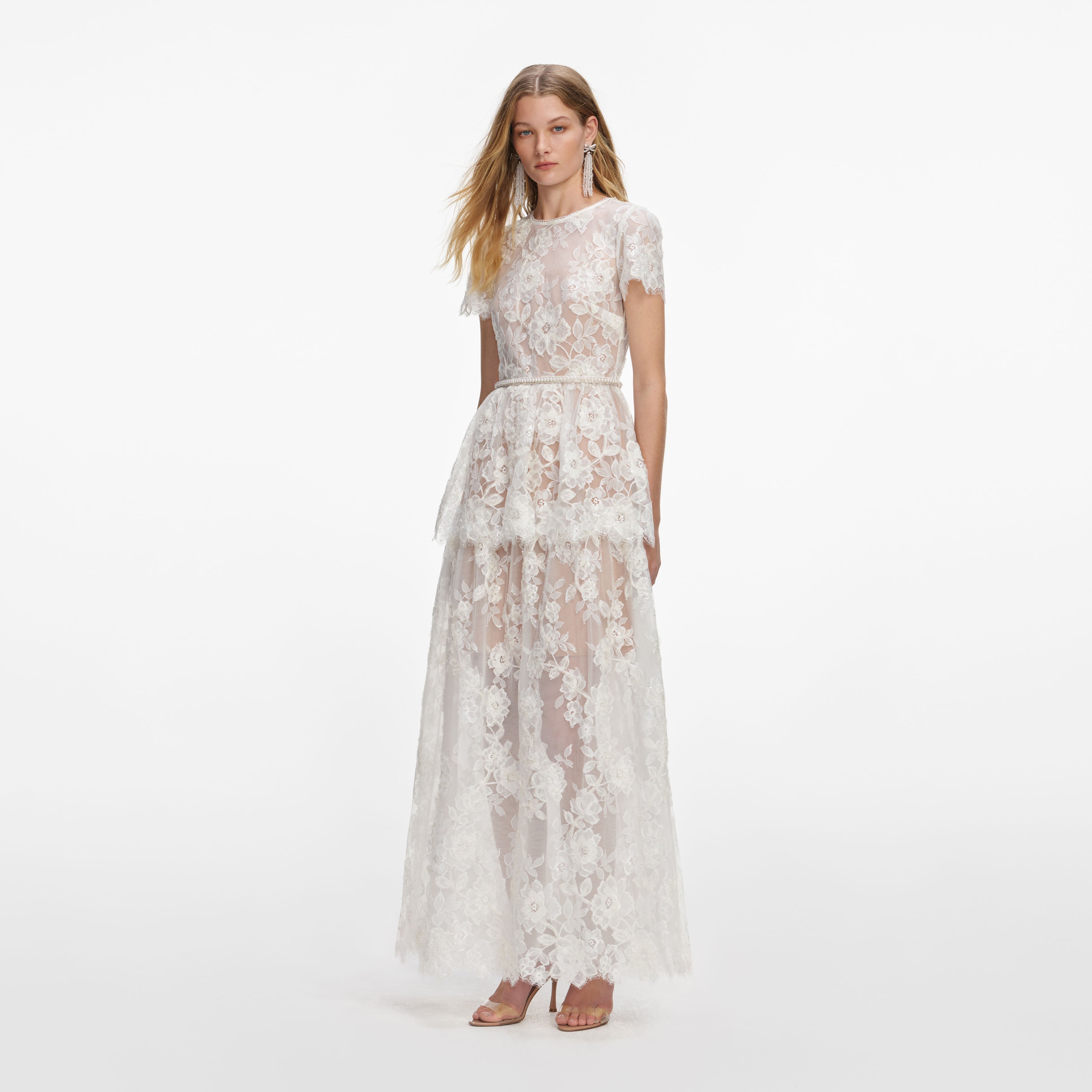 Self Portrait Sequin Lace Maxi Kleid Weiß Spitze