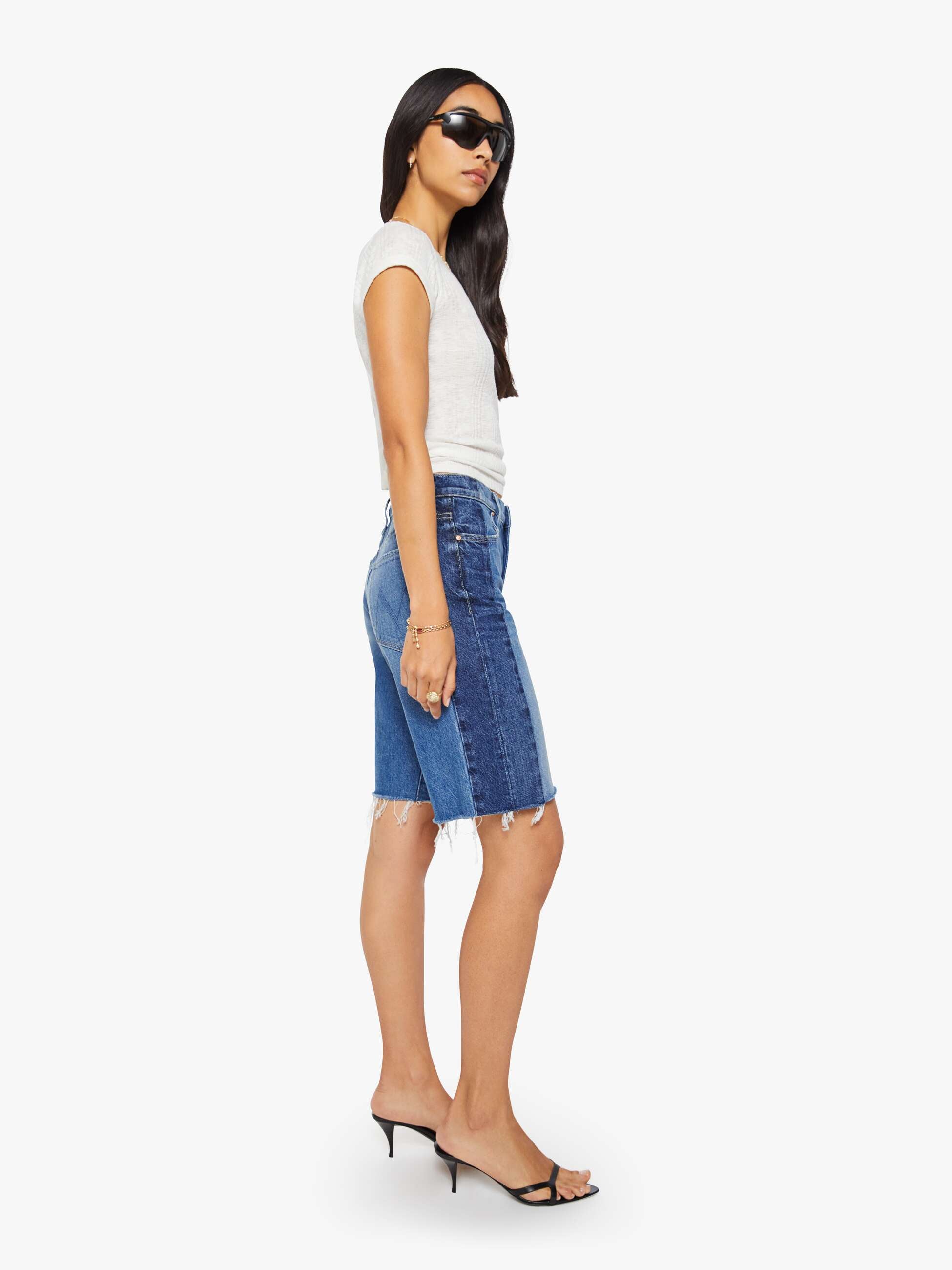 Mother Mid Rise Maven Bermuda Fray Shorts Double Stacked