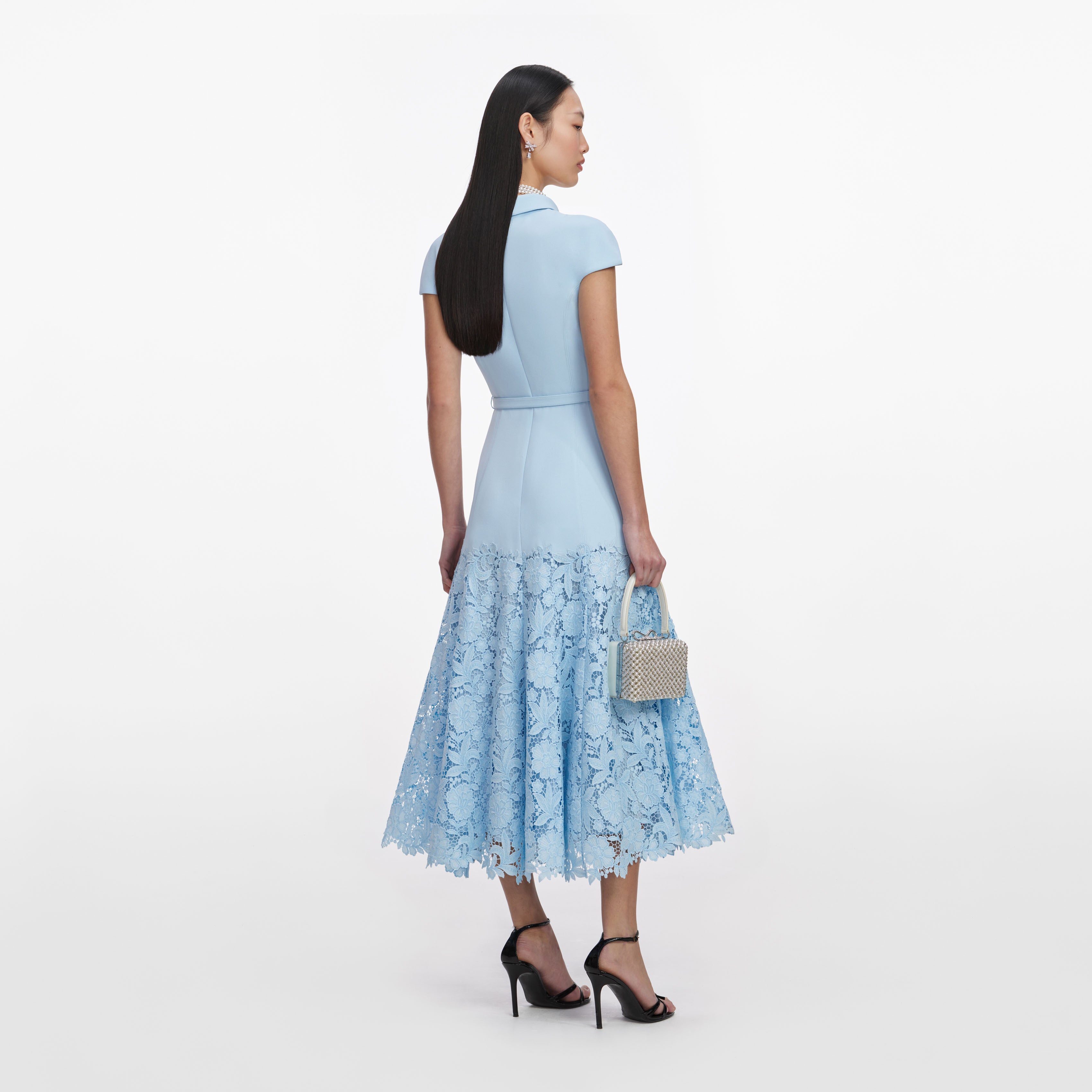 Self Portrait Blue Crepe Lace Midi Dress Kleid Blau UK 6 Spitze