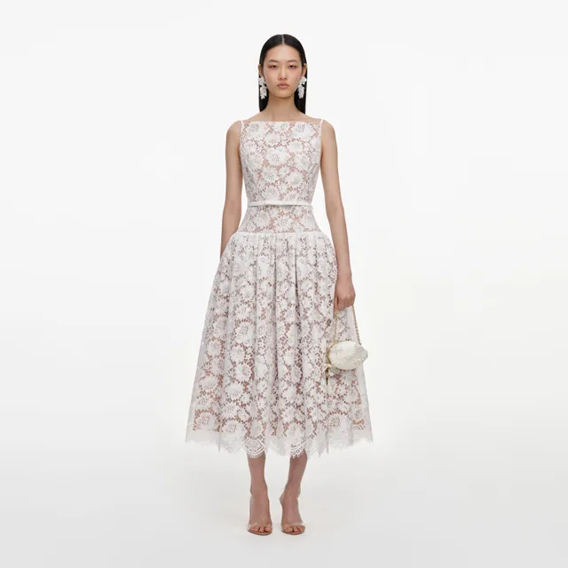 Self Portrait White Lace Flared Midi Kleid Weiß Spitze