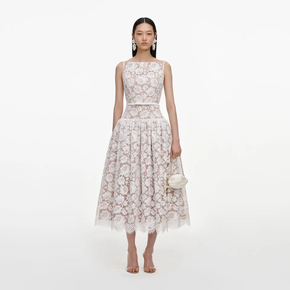Self Portrait White Lace Flared Midi Kleid Weiß Spitze