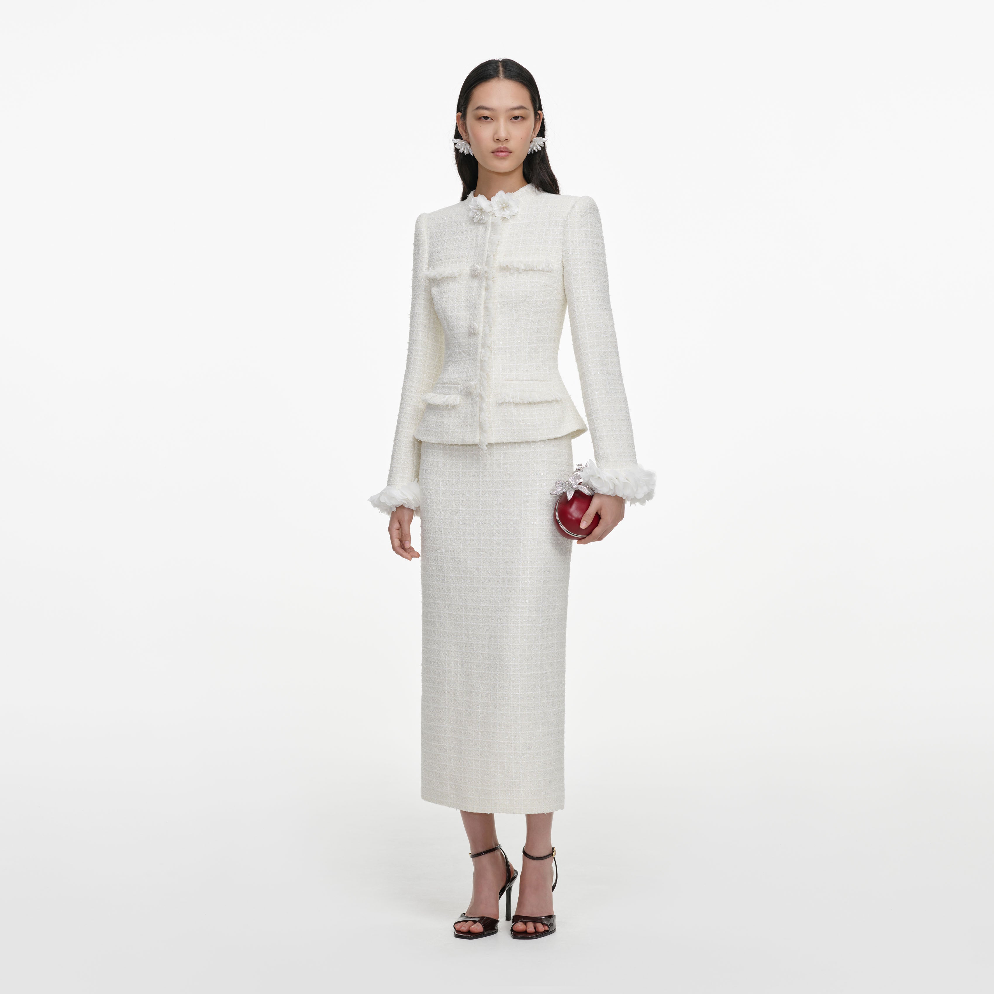 Self Portrait Cream Boucle Flower Midi Kleid Creme