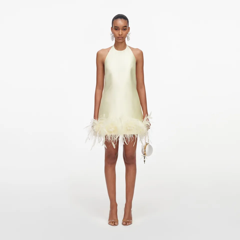Self Portrait Yellow Taffeta Feather Mini Dress Minikleid Gelb Taft