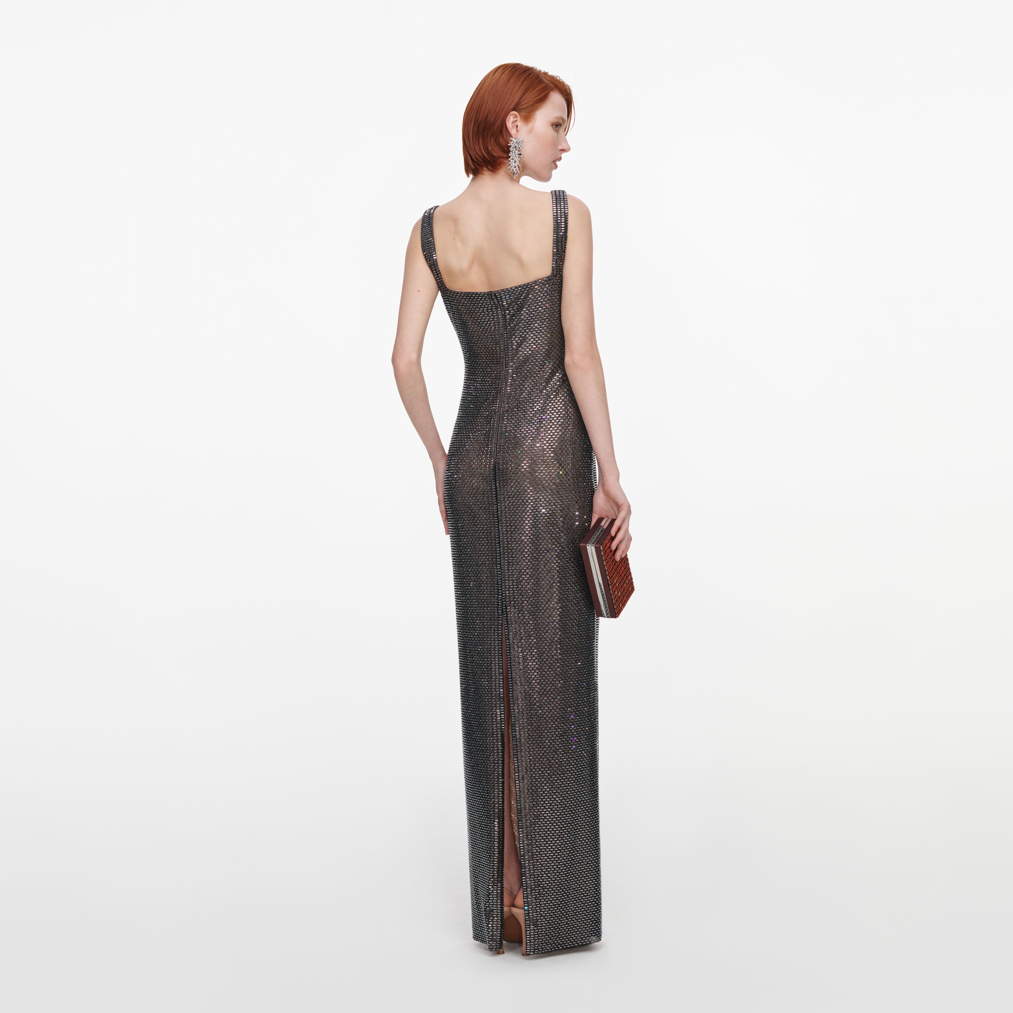 Self Portrait Gunmetal Square Neck Rhinestone Maxi Kleid