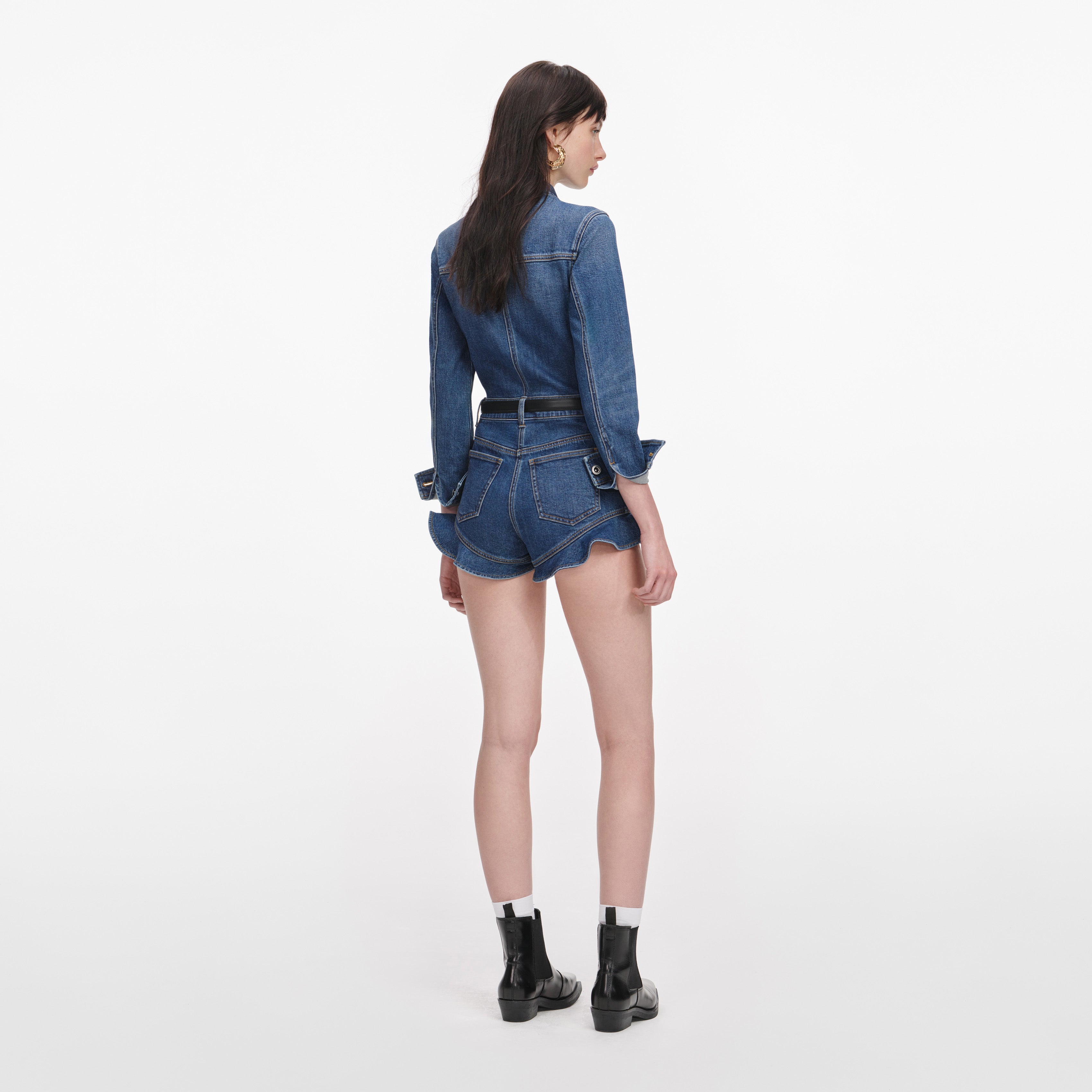 Self Portrait Denim Frill Playsuit Jumpsuit Blau Stretch