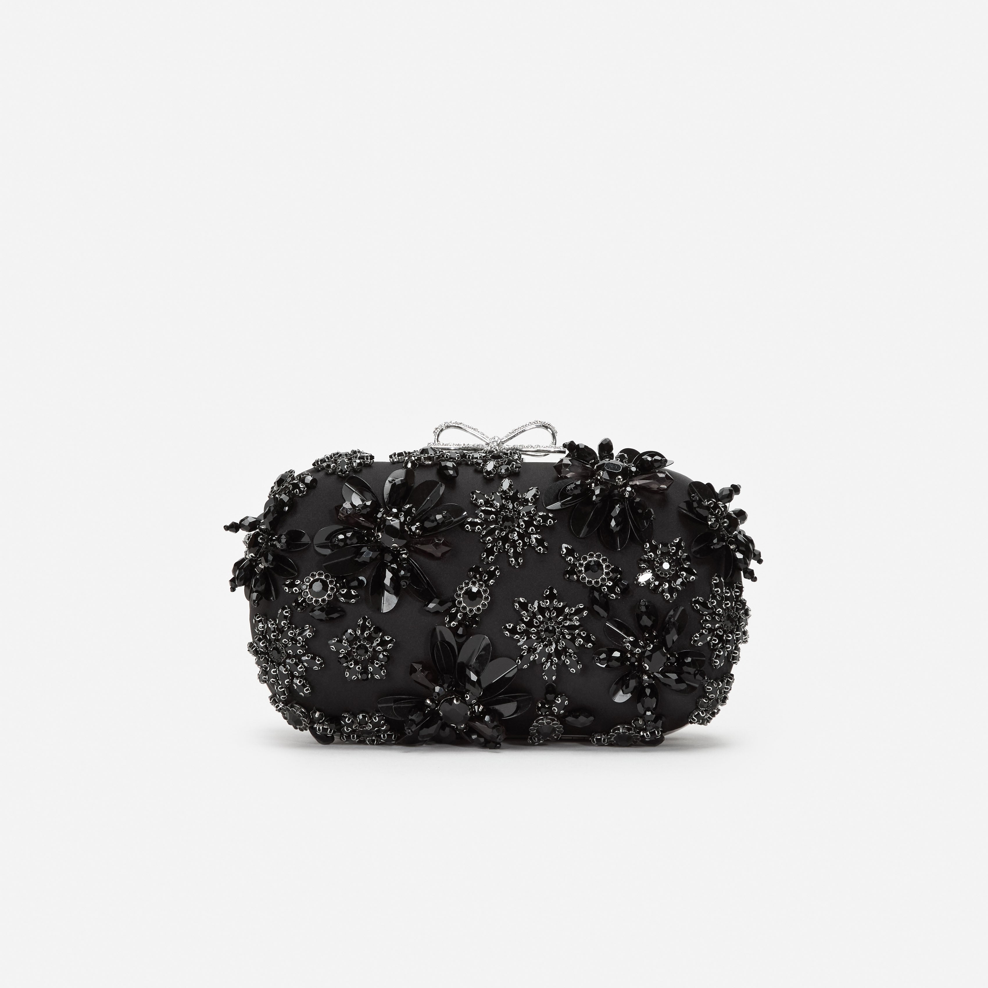 Self Portrait Black Satin Floral Crystal Clutch Tasche Schwarz