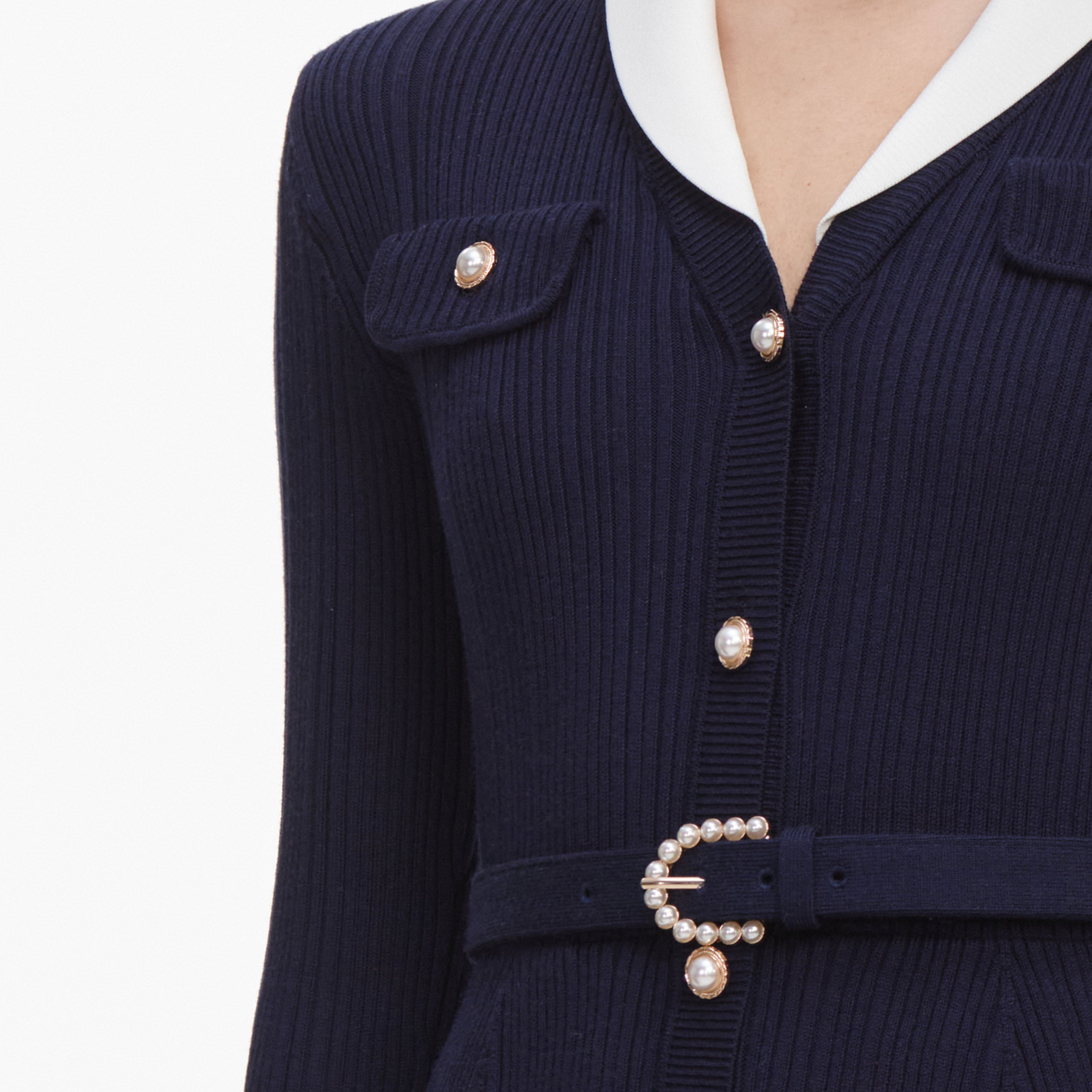Self Portrait Navy Ribbed Knit Contrast Midikleid navy Strick