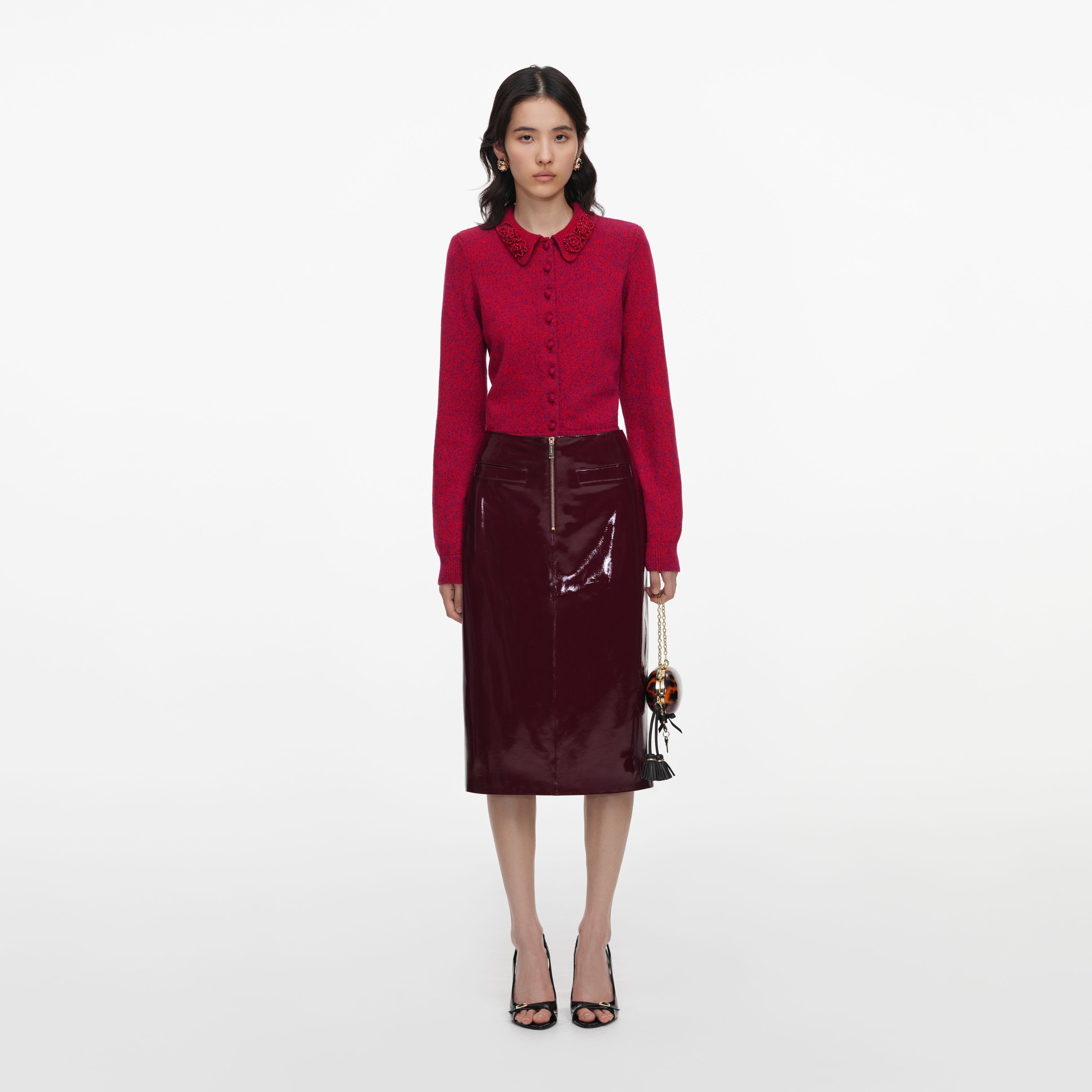 Self Portrait Red Flower Knit Cardigan S Rot Boucle