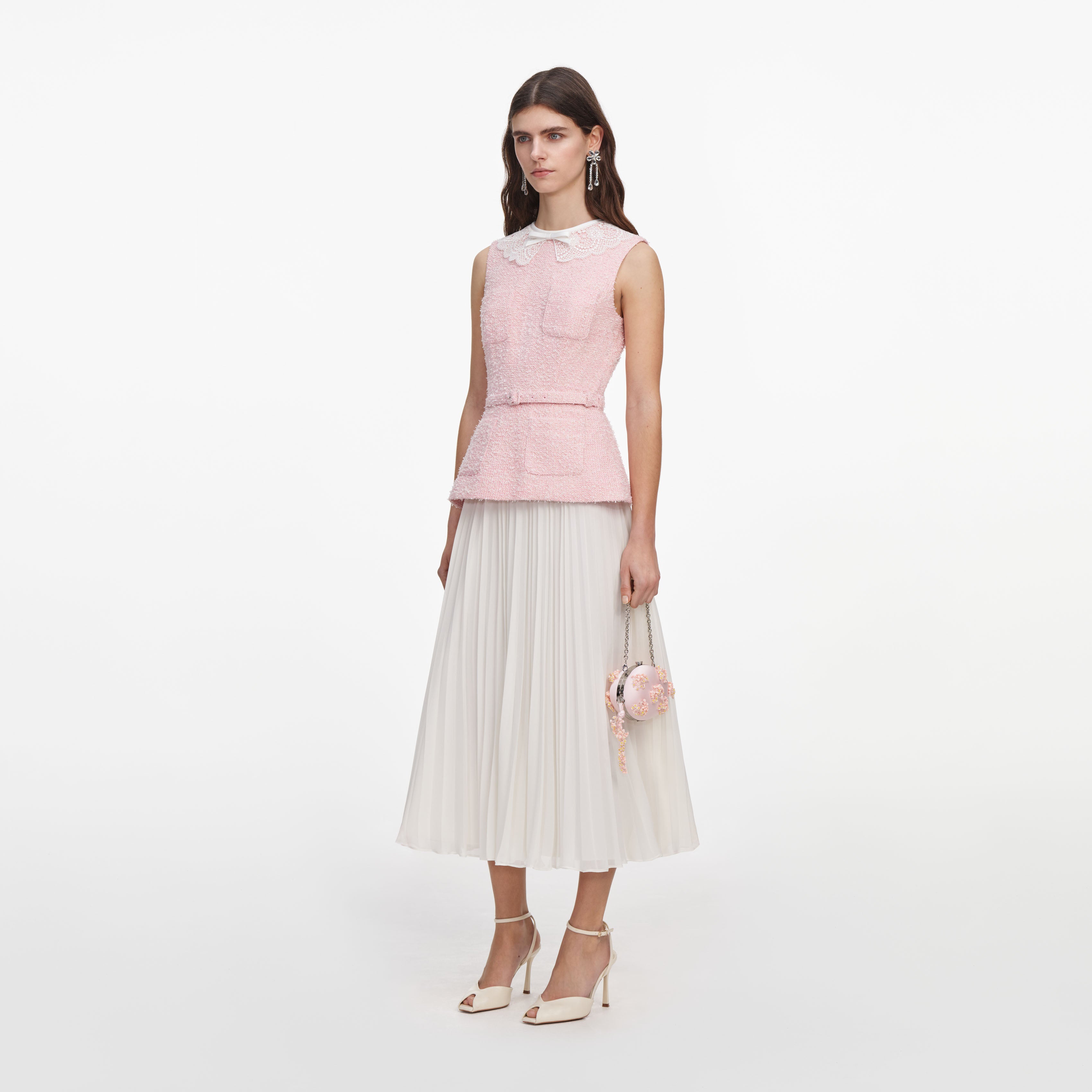Self Portrait Pink Boucle Midi Kleid Rosa Spitze UK 6