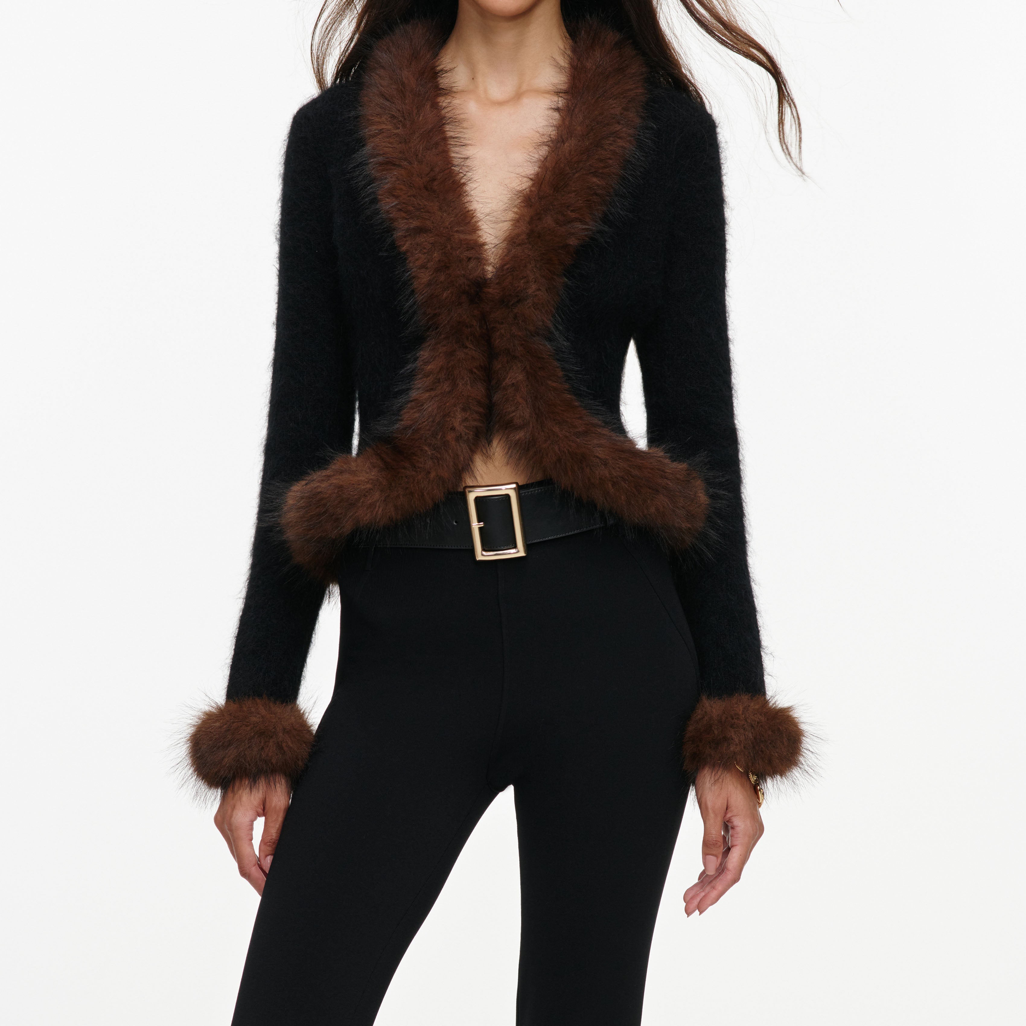 Self Portrait Faux Fur Strickcardigan Schwarz V-Ausschnitt