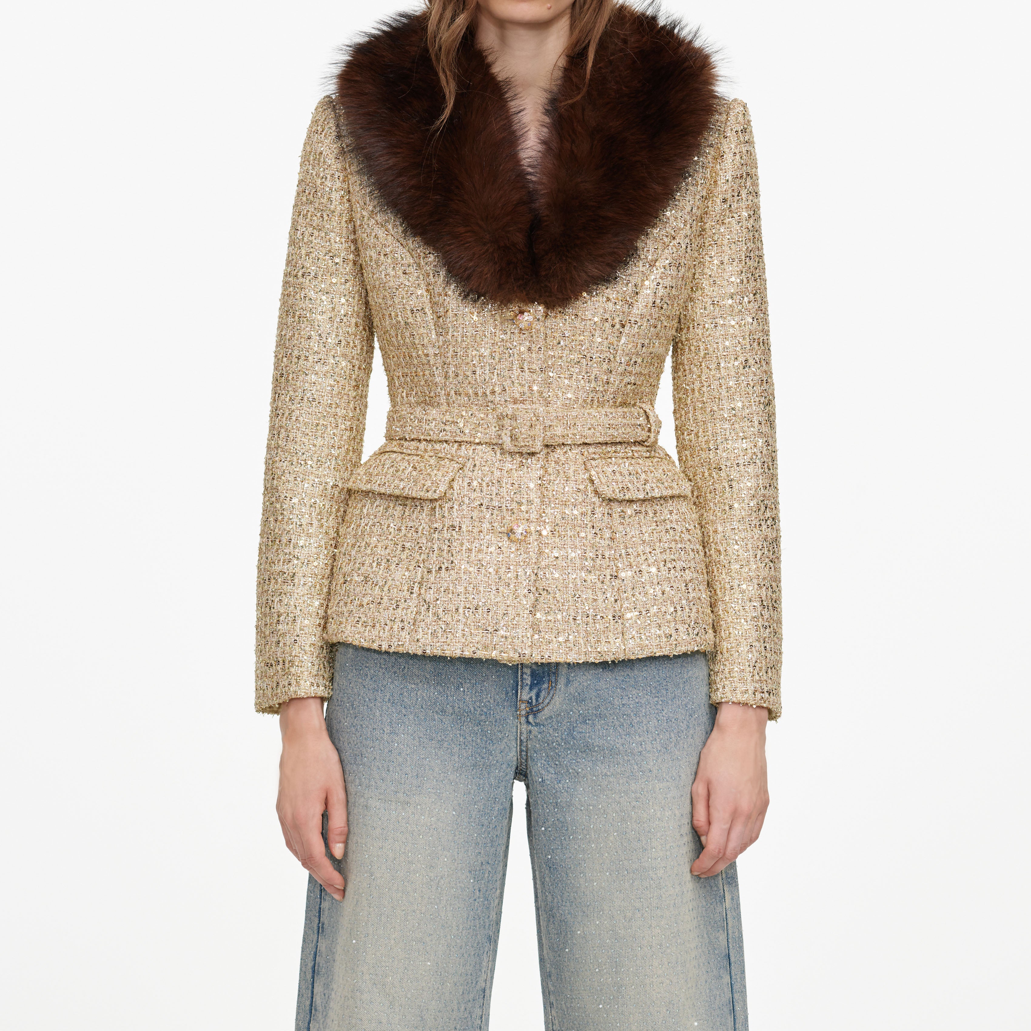 Self Portrait Gold Sequin Boucle Jacke Gold