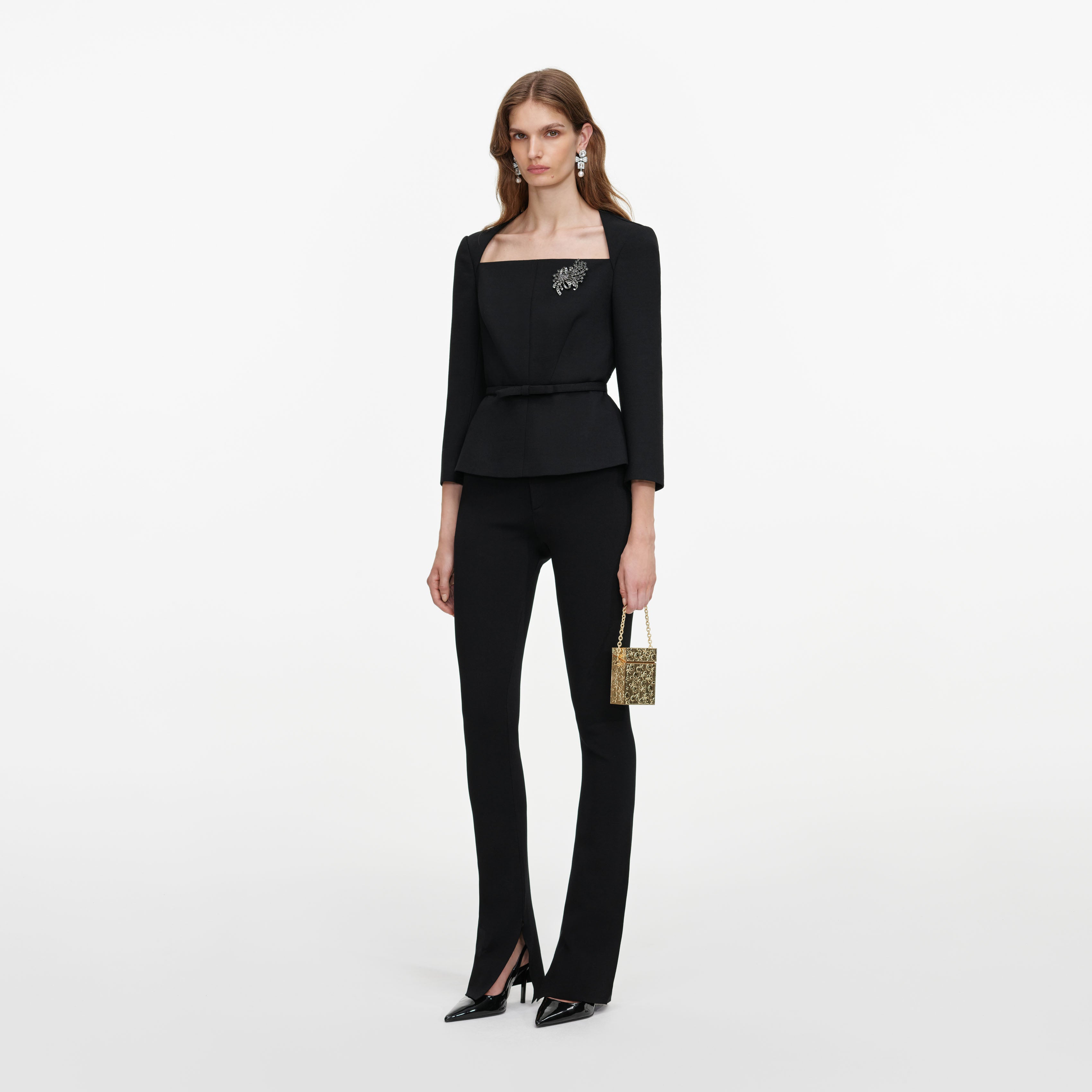 Self Portrait Black Tailored Brooch Top schwarz Wolle Brosche
