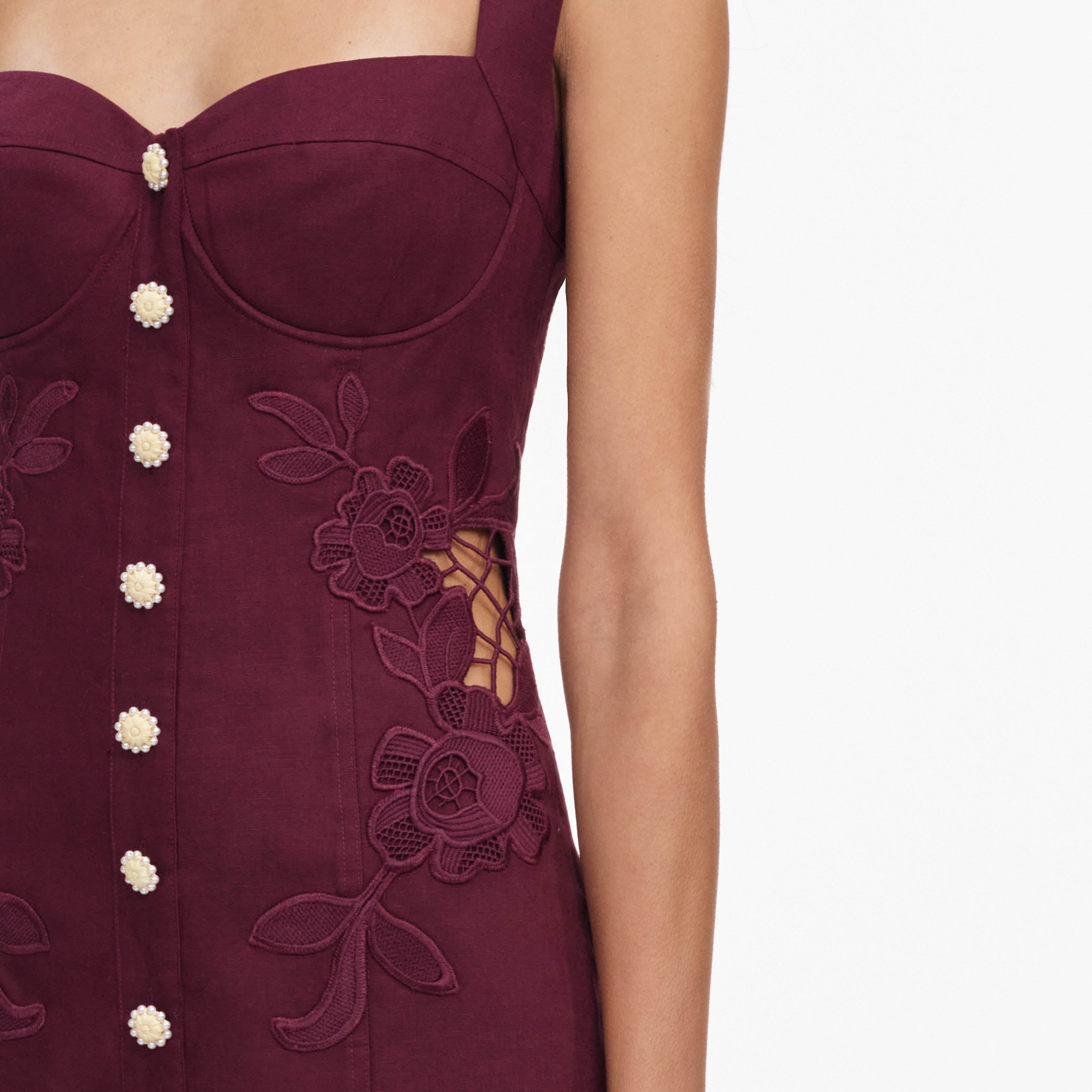 Self Portrait Plum Linen Blend Lace Insert Midi Kleid UK 6