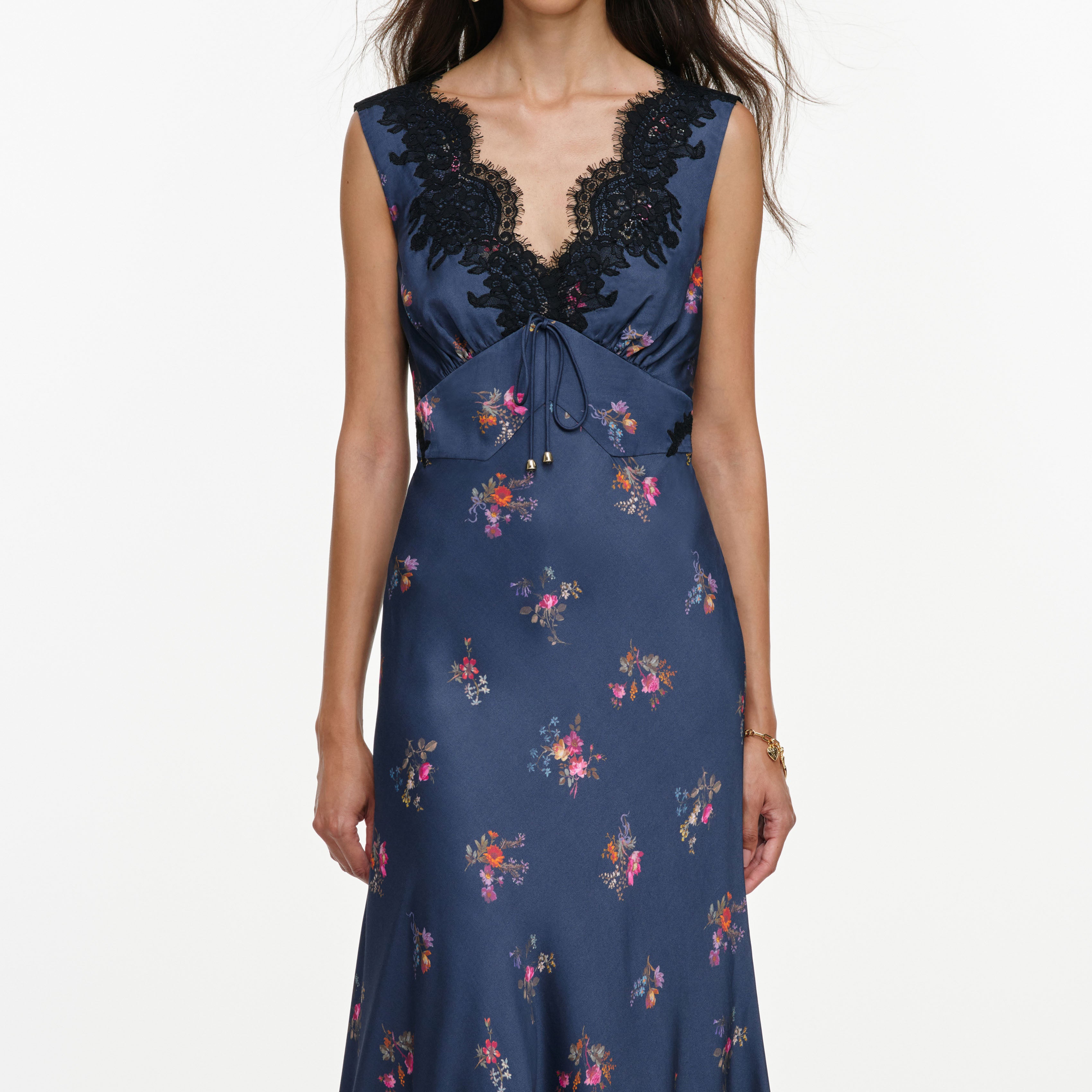 Self Portrait Satin Lace Midi Kleid Navy Blumen Spitze