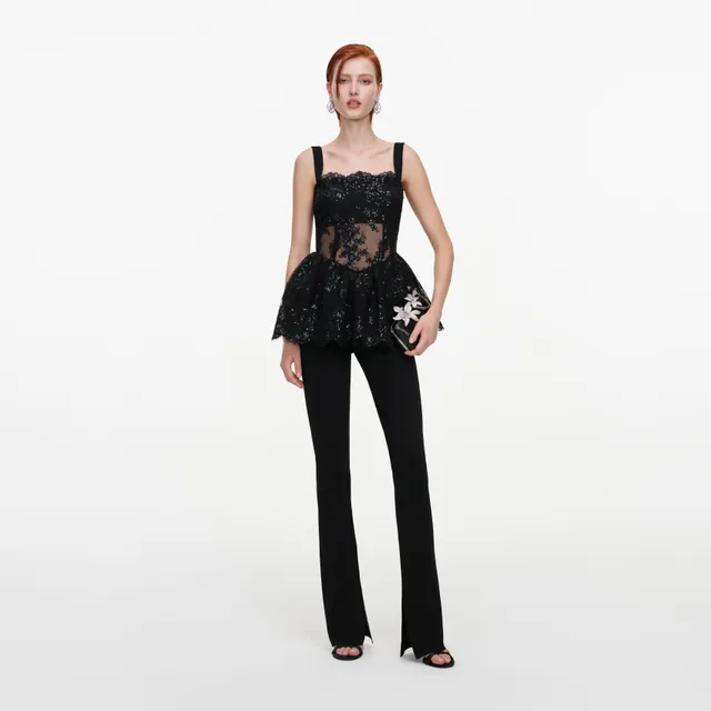 Self Portrait Lace Peplum Top Schwarz UK 8