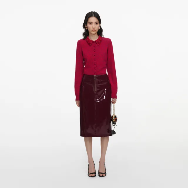 Self Portrait Red Flower Knit Cardigan S Rot Boucle