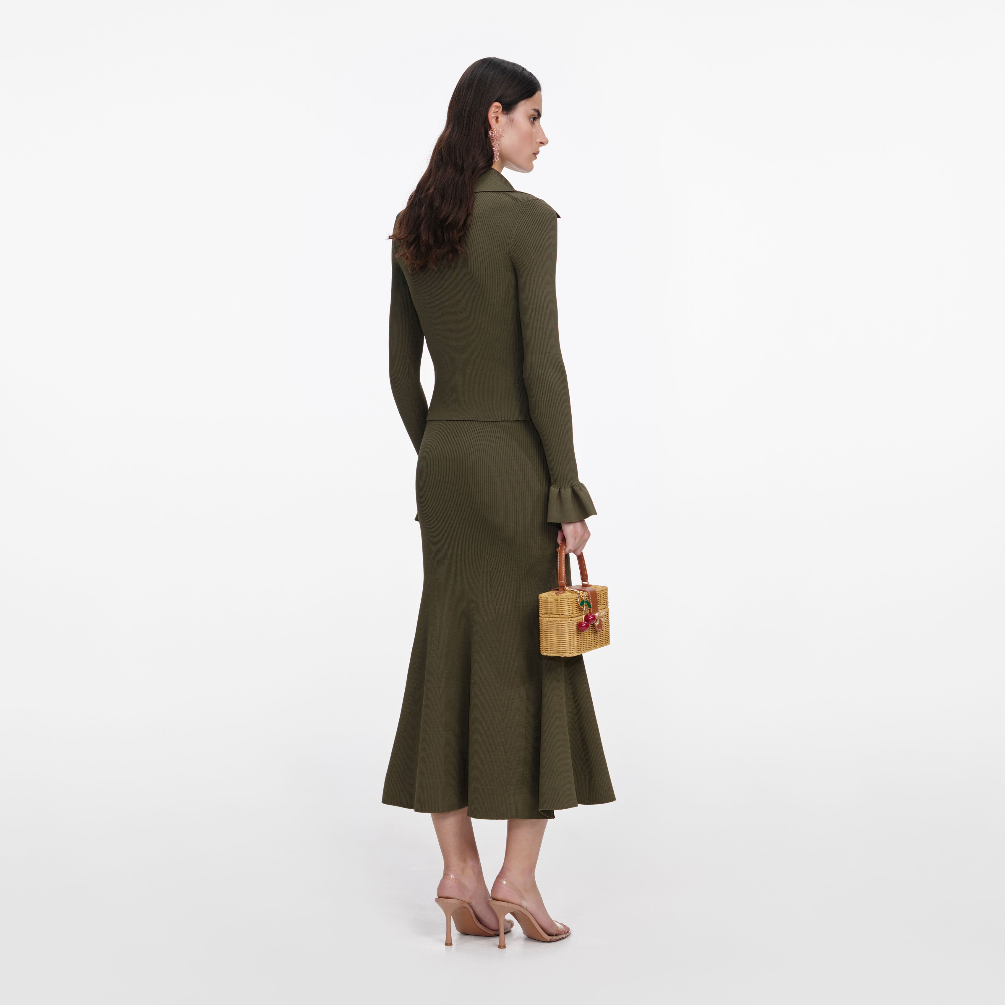 Self Portrait Khaki Knit Midirock Grün Strick Stretch