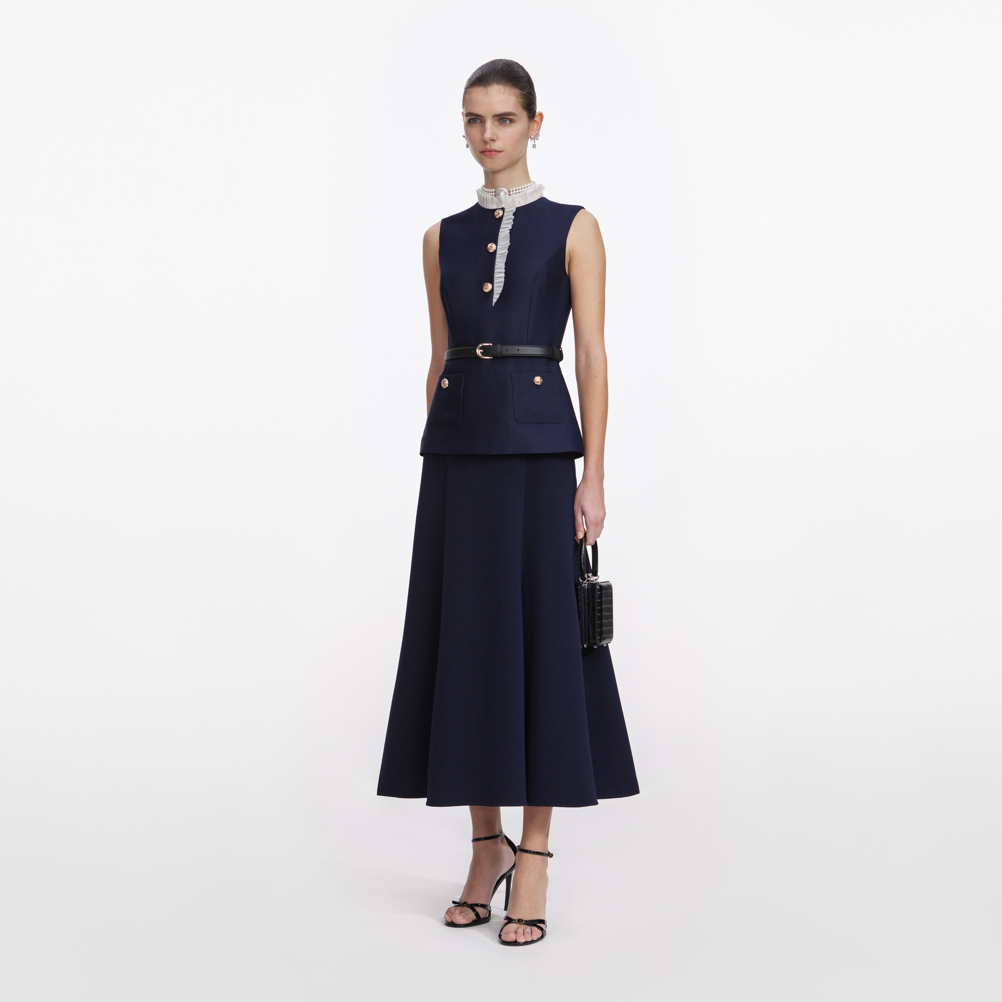 Self-Portrait Taffeta Contrast Frill Midi Kleid navy