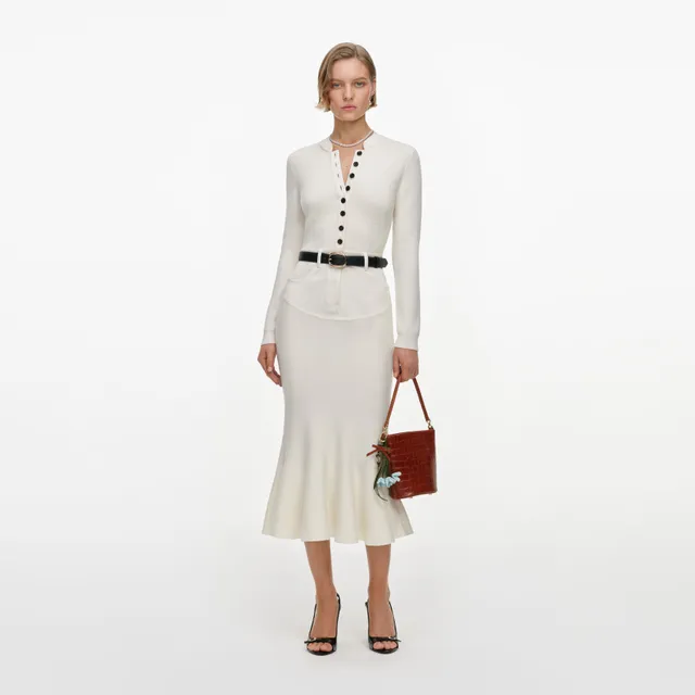 Self Portrait Cream Knit Denim Midi Kleid Creme